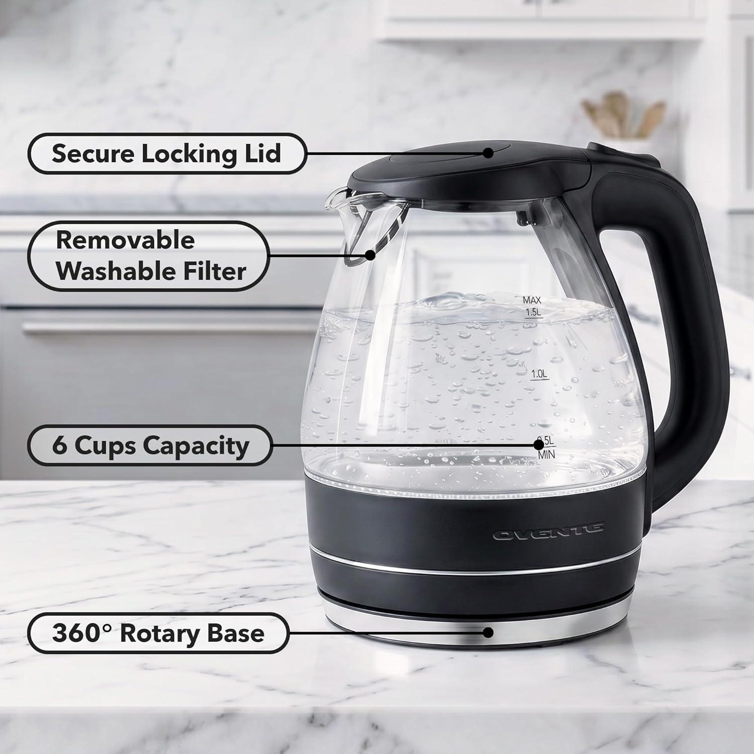 image:imageOVENTE Electric Kettle 15L Borosilicate Glass Countertop Water Heater and Boiler for Coffee or Tea BPAFree Auto ShutOff BoilDry Protection Removable and Washable Spout Filter Purple KG83PBlack