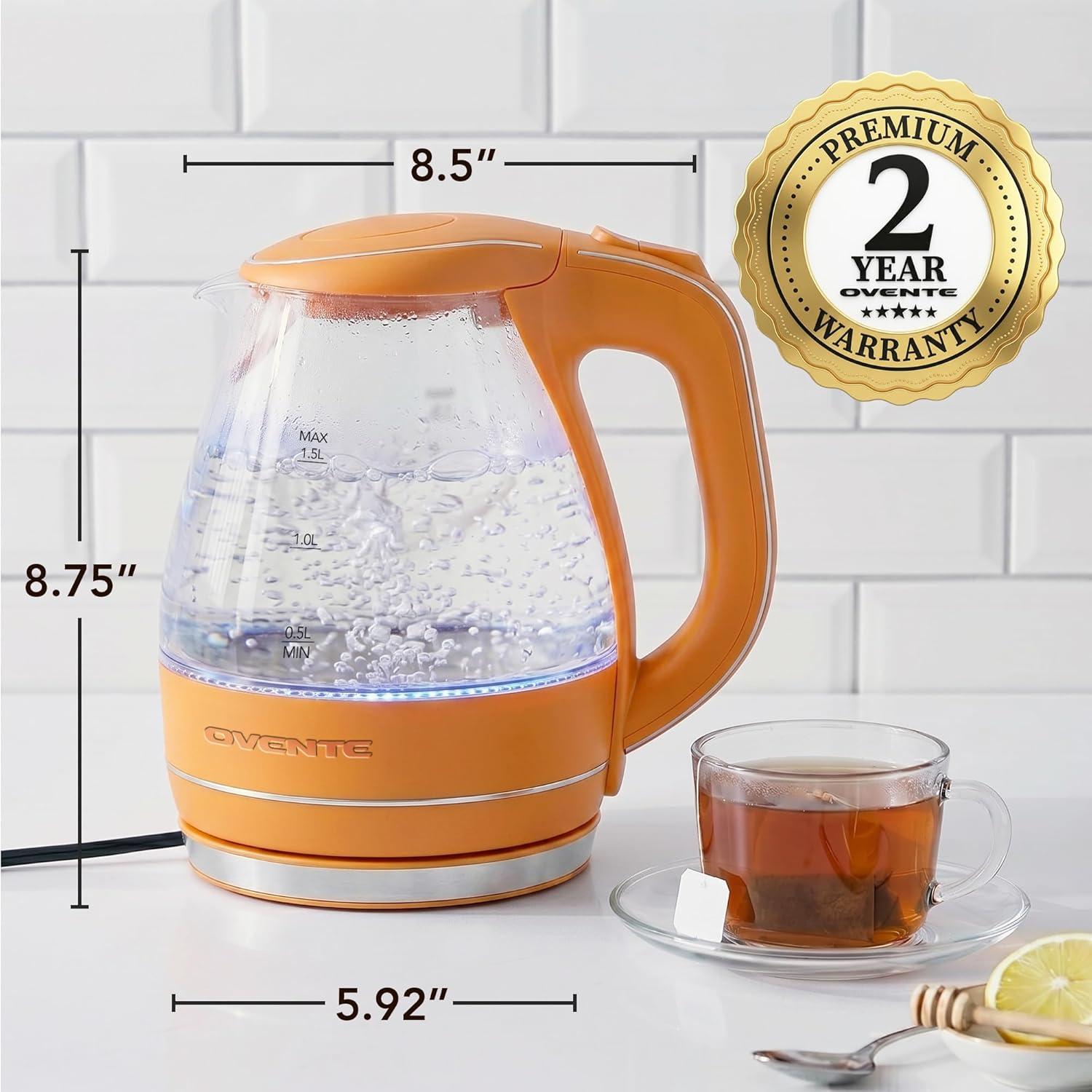 image:imageOVENTE Electric Kettle 15L Borosilicate Glass Countertop Water Heater and Boiler for Coffee or Tea BPAFree Auto ShutOff BoilDry Protection Removable and Washable Spout Filter Purple KG83POrange