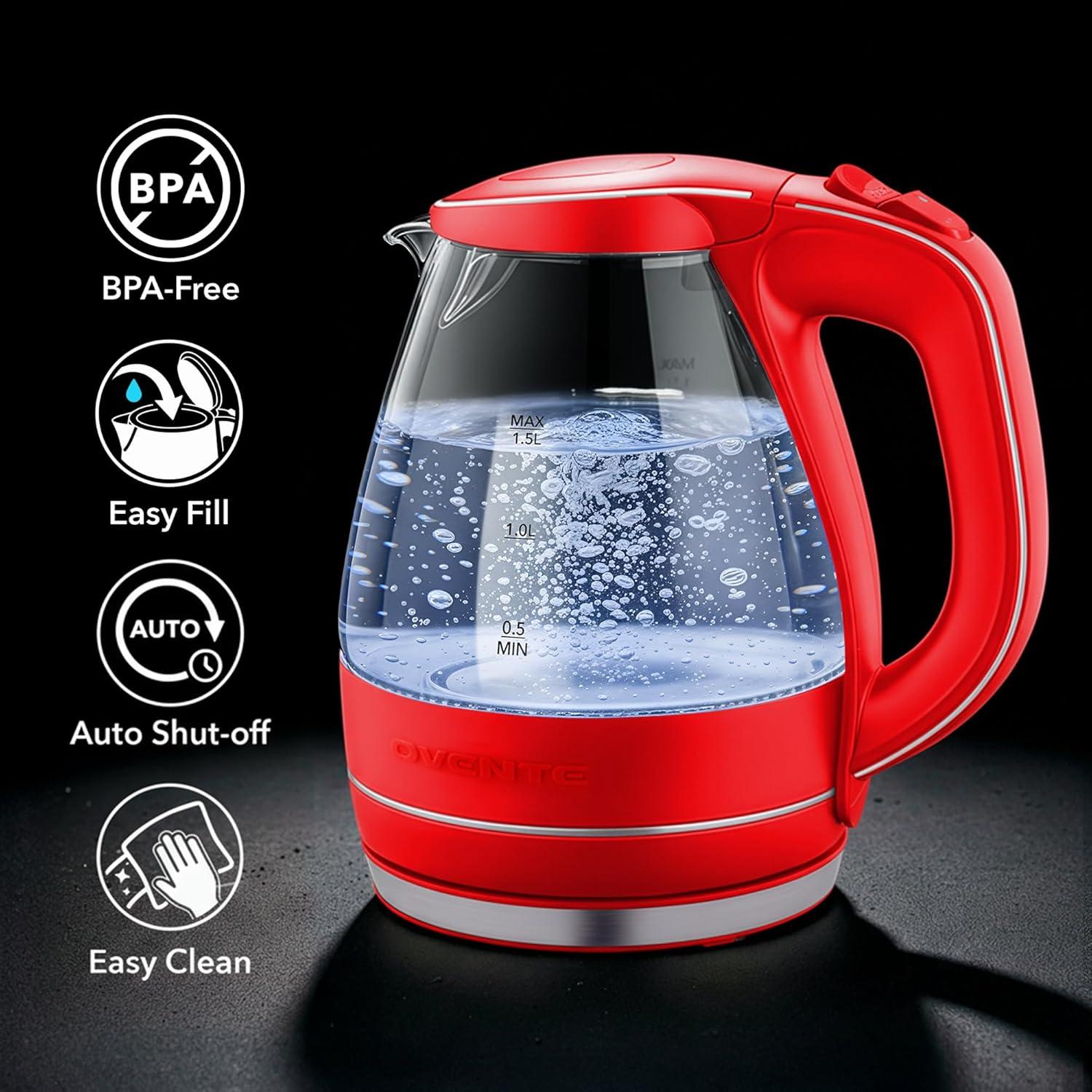 image:imageOVENTE Electric Kettle 15L Borosilicate Glass Countertop Water Heater and Boiler for Coffee or Tea BPAFree Auto ShutOff BoilDry Protection Removable and Washable Spout Filter Purple KG83PRed
