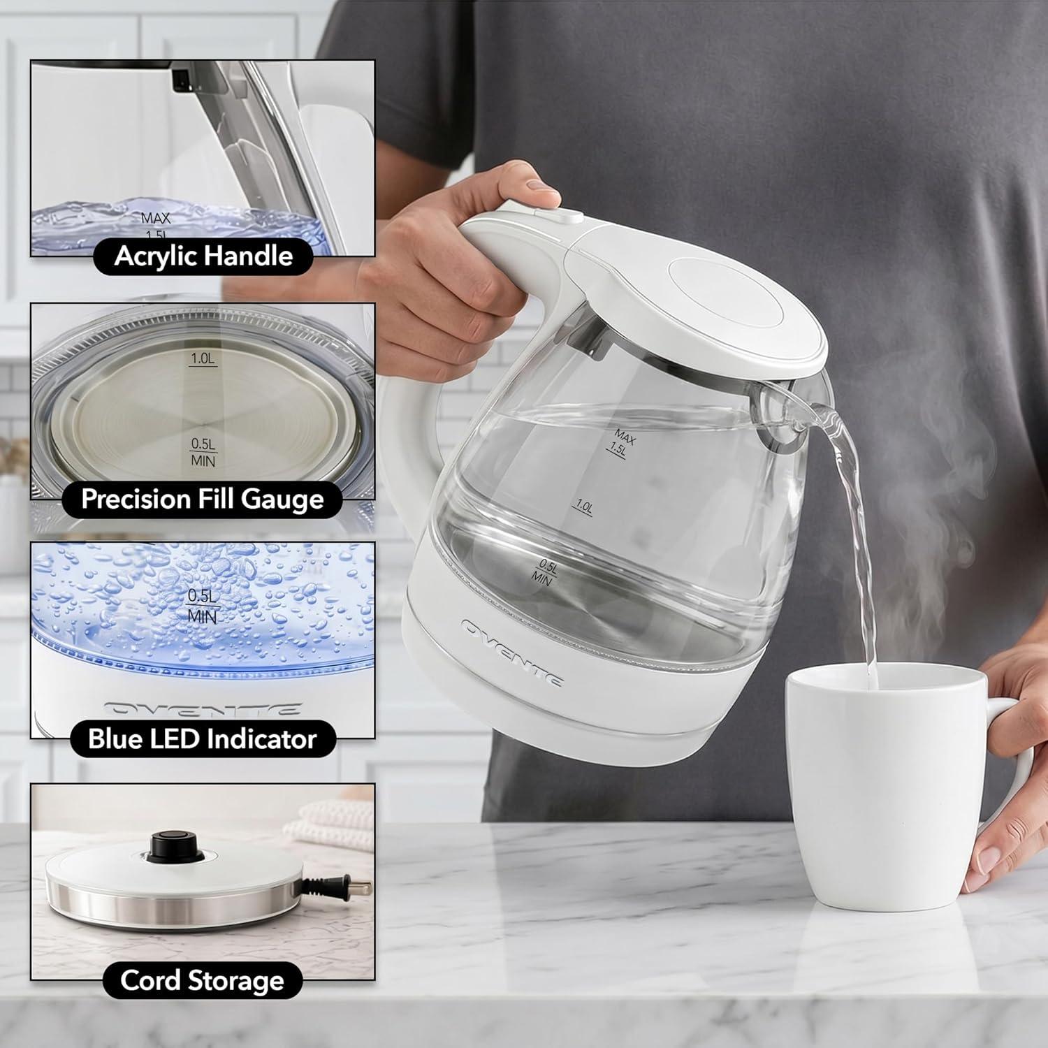image:imageOVENTE Electric Kettle 15L Borosilicate Glass Countertop Water Heater and Boiler for Coffee or Tea BPAFree Auto ShutOff BoilDry Protection Removable and Washable Spout Filter Red KG83RWhite