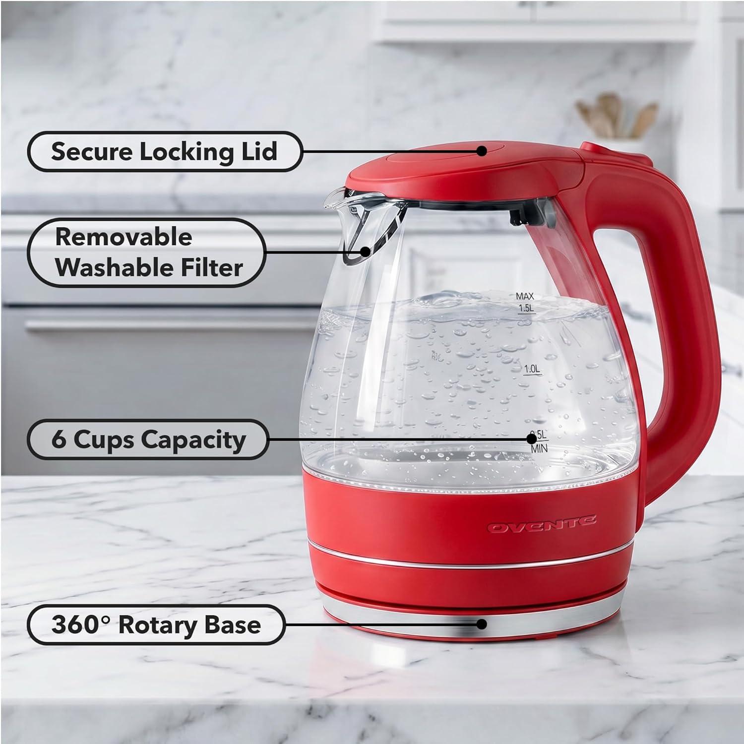 image:imageOVENTE Electric Kettle 15L Borosilicate Glass Countertop Water Heater and Boiler for Coffee or Tea BPAFree Auto ShutOff BoilDry Protection Removable and Washable Spout Filter Purple KG83PRed