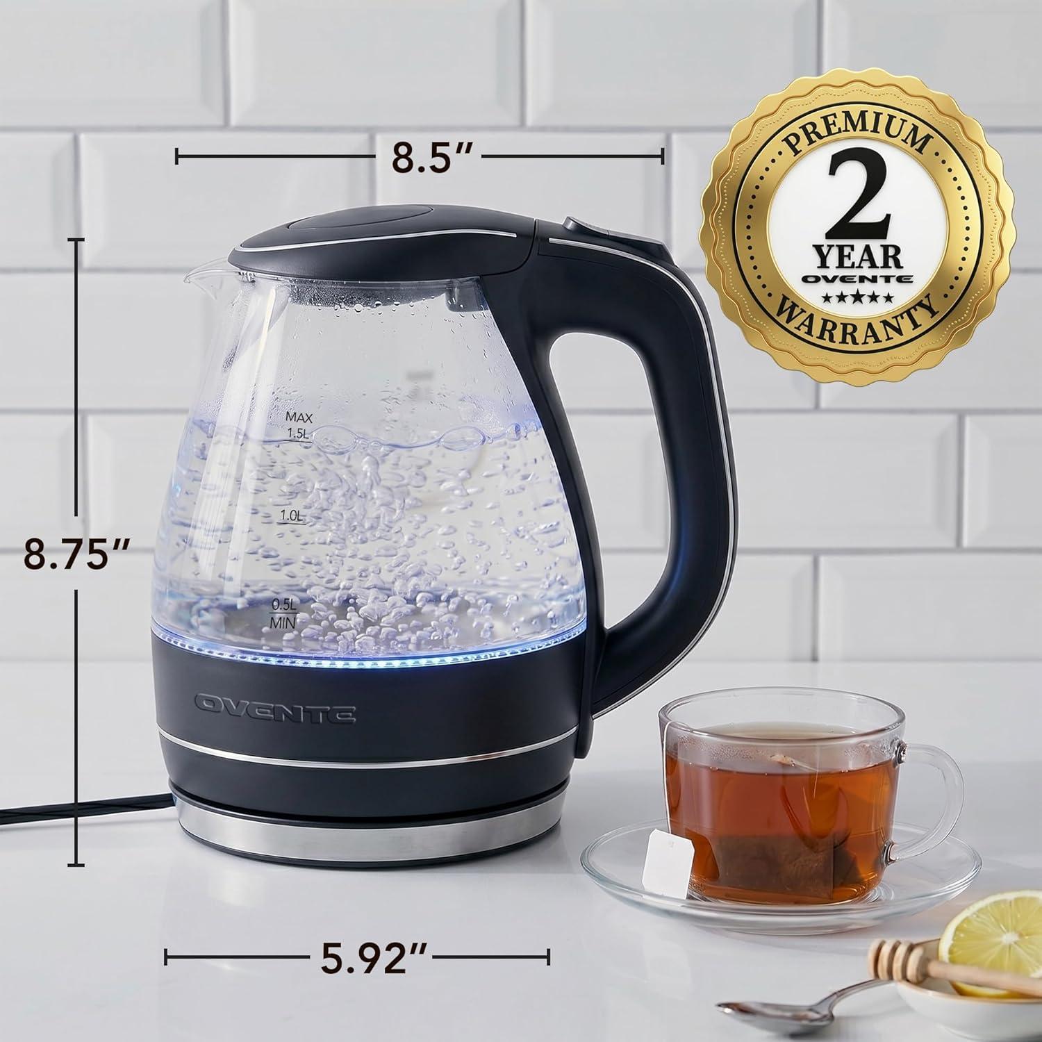 image:imageOVENTE Electric Kettle 15L Borosilicate Glass Countertop Water Heater and Boiler for Coffee or Tea BPAFree Auto ShutOff BoilDry Protection Removable and Washable Spout Filter Purple KG83PBlack