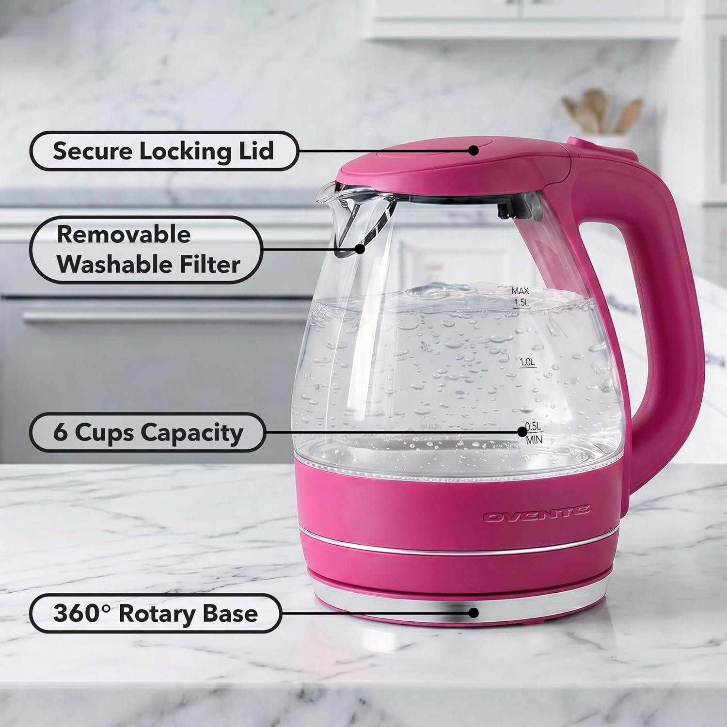 image:imageOVENTE Electric Kettle 15L Borosilicate Glass Countertop Water Heater and Boiler for Coffee or Tea BPAFree Auto ShutOff BoilDry Protection Removable and Washable Spout Filter Purple KG83PPink