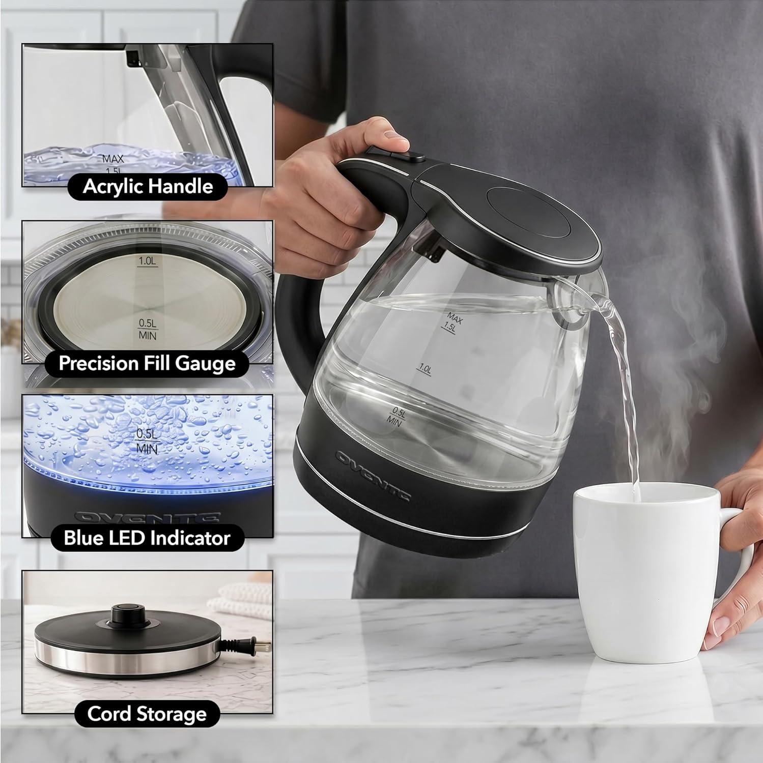 image:imageOVENTE Electric Kettle 15L Borosilicate Glass Countertop Water Heater and Boiler for Coffee or Tea BPAFree Auto ShutOff BoilDry Protection Removable and Washable Spout Filter Red KG83RBlack