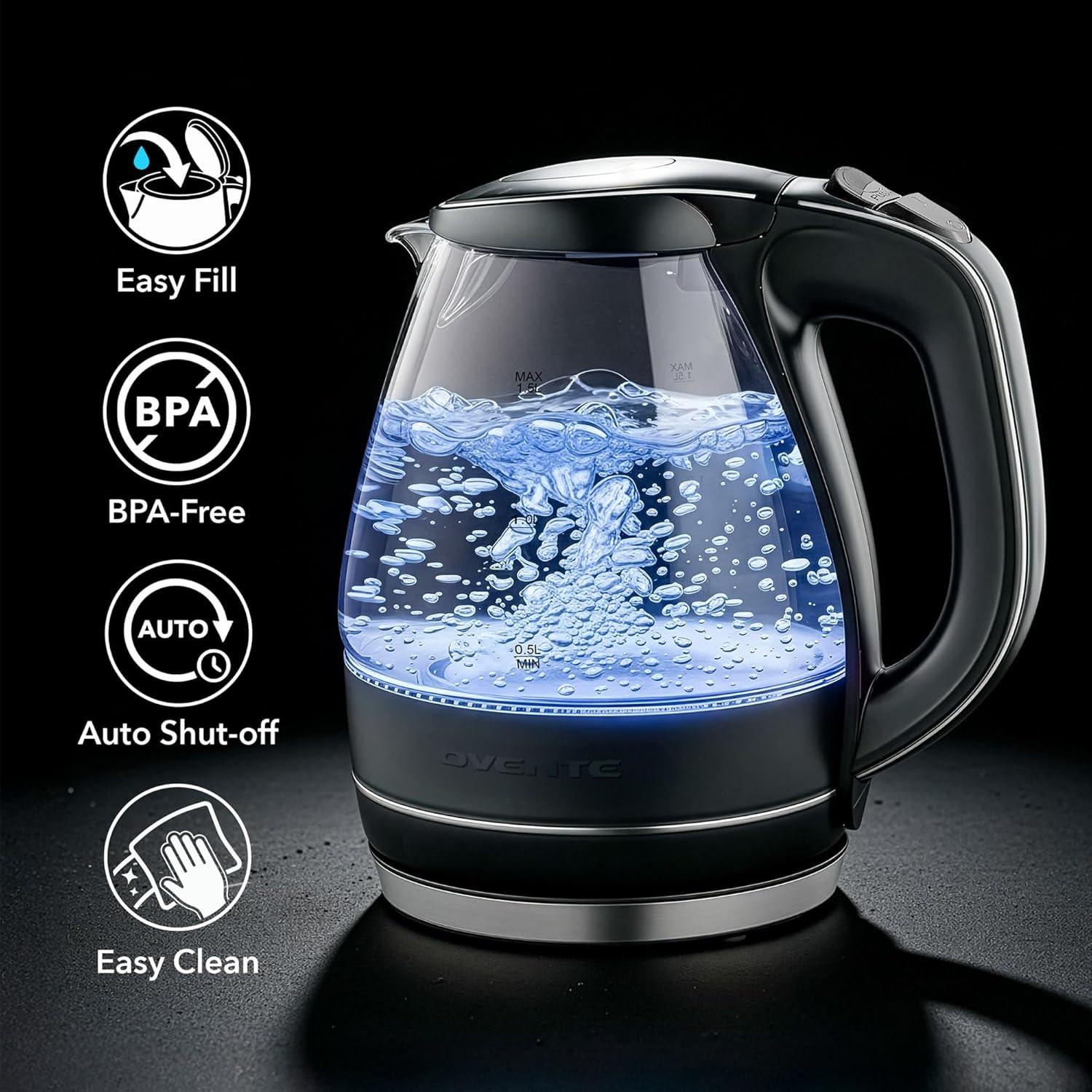image:imageOVENTE Electric Kettle 15L Borosilicate Glass Countertop Water Heater and Boiler for Coffee or Tea BPAFree Auto ShutOff BoilDry Protection Removable and Washable Spout Filter Purple KG83PBlack