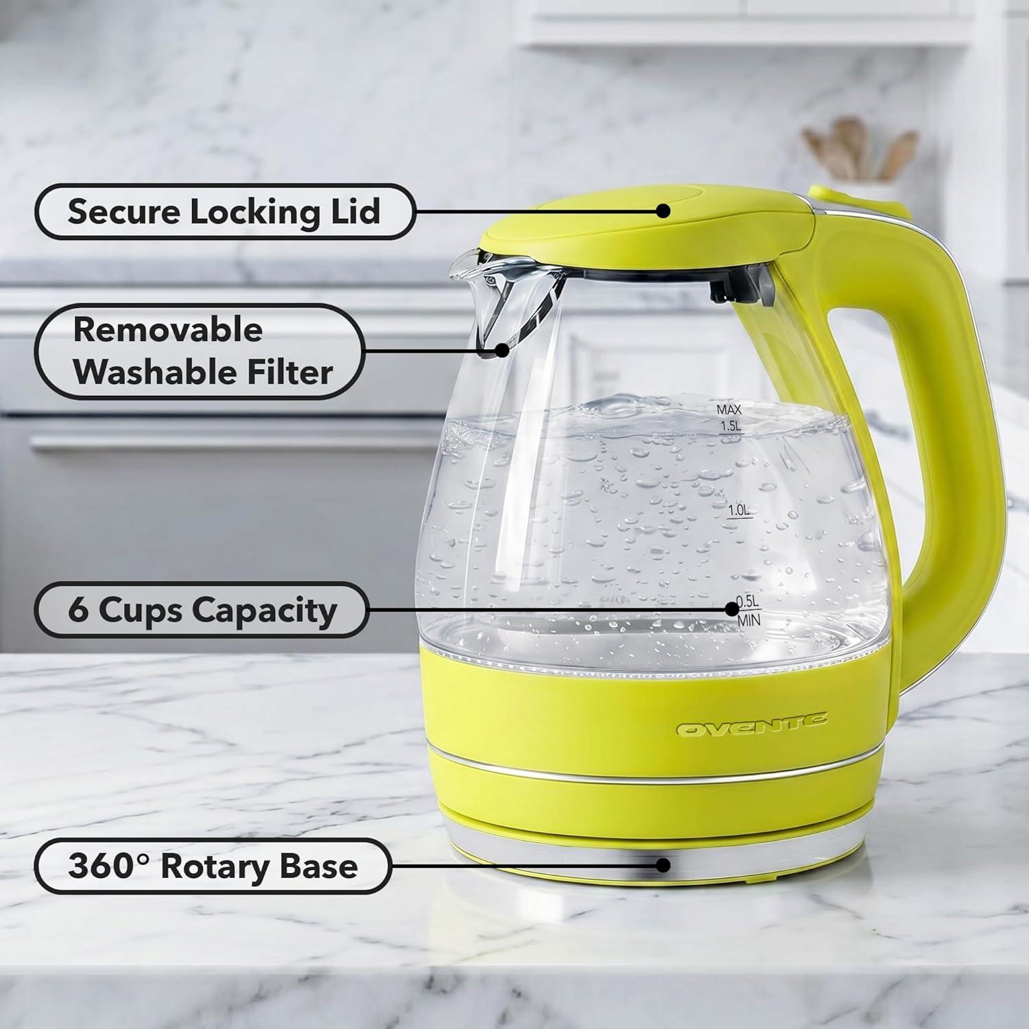 image:imageOVENTE Electric Kettle 15L Borosilicate Glass Countertop Water Heater and Boiler for Coffee or Tea BPAFree Auto ShutOff BoilDry Protection Removable and Washable Spout Filter Purple KG83PGreen
