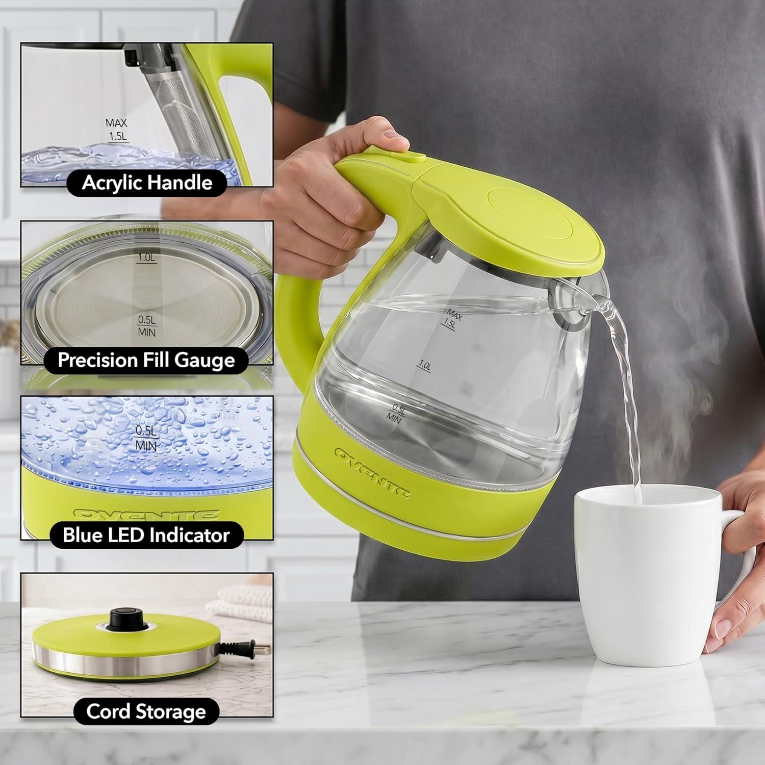 image:imageOVENTE Electric Kettle 15L Borosilicate Glass Countertop Water Heater and Boiler for Coffee or Tea BPAFree Auto ShutOff BoilDry Protection Removable and Washable Spout Filter Purple KG83PGreen