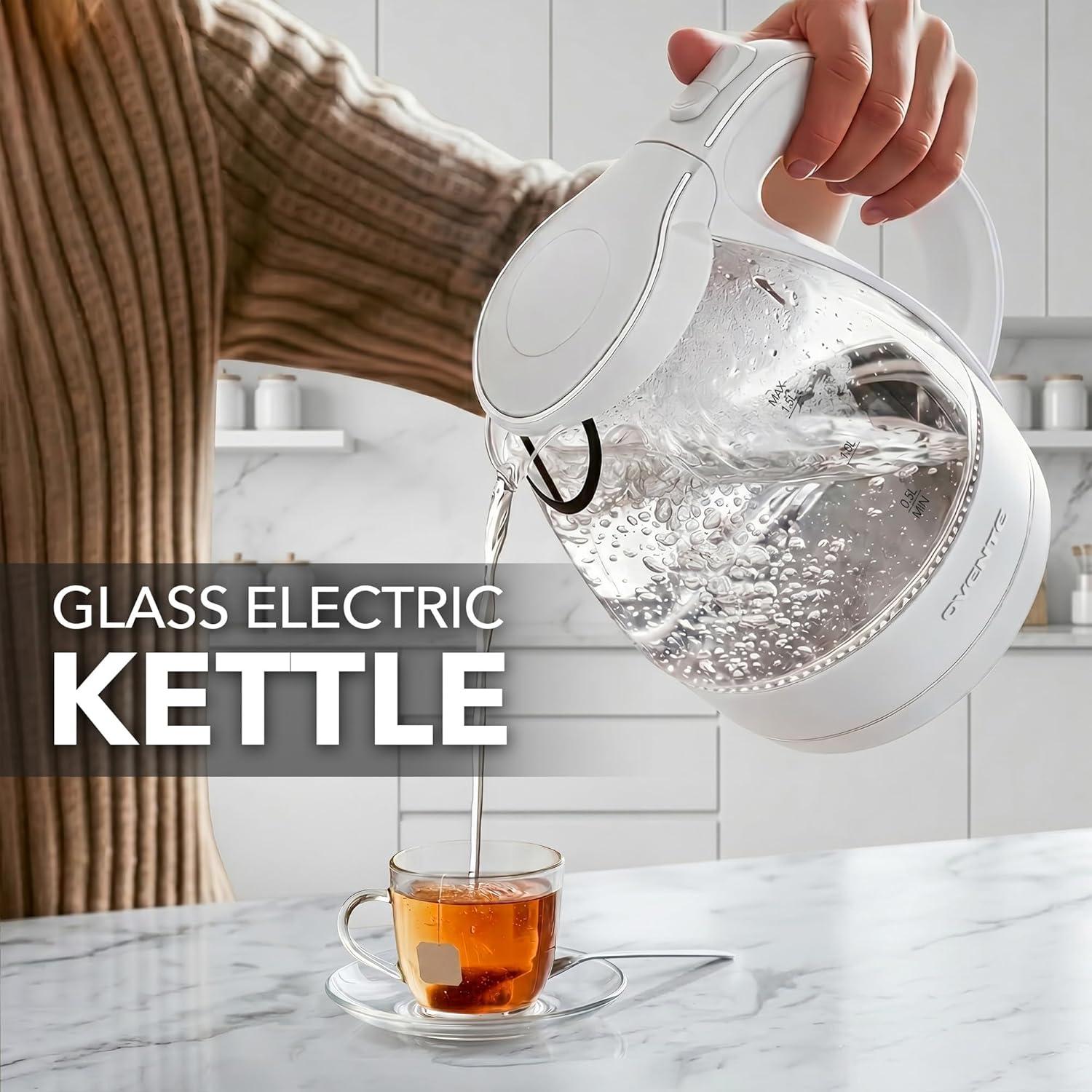 image:imageOVENTE Electric Kettle 15L Borosilicate Glass Countertop Water Heater and Boiler for Coffee or Tea BPAFree Auto ShutOff BoilDry Protection Removable and Washable Spout Filter Red KG83RWhite
