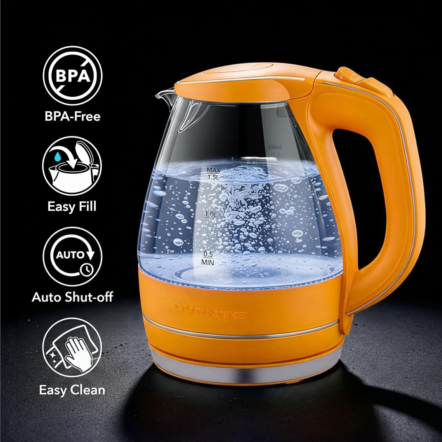 image:imageOVENTE Electric Kettle 15L Borosilicate Glass Countertop Water Heater and Boiler for Coffee or Tea BPAFree Auto ShutOff BoilDry Protection Removable and Washable Spout Filter Red KG83ROrange