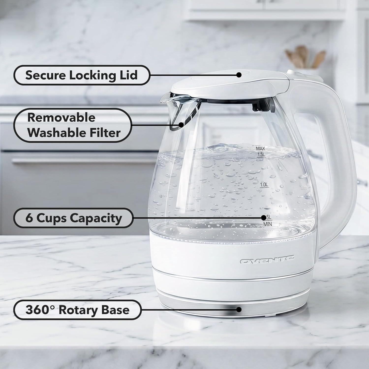 image:imageOVENTE Electric Kettle 15L Borosilicate Glass Countertop Water Heater and Boiler for Coffee or Tea BPAFree Auto ShutOff BoilDry Protection Removable and Washable Spout Filter Purple KG83PWhite