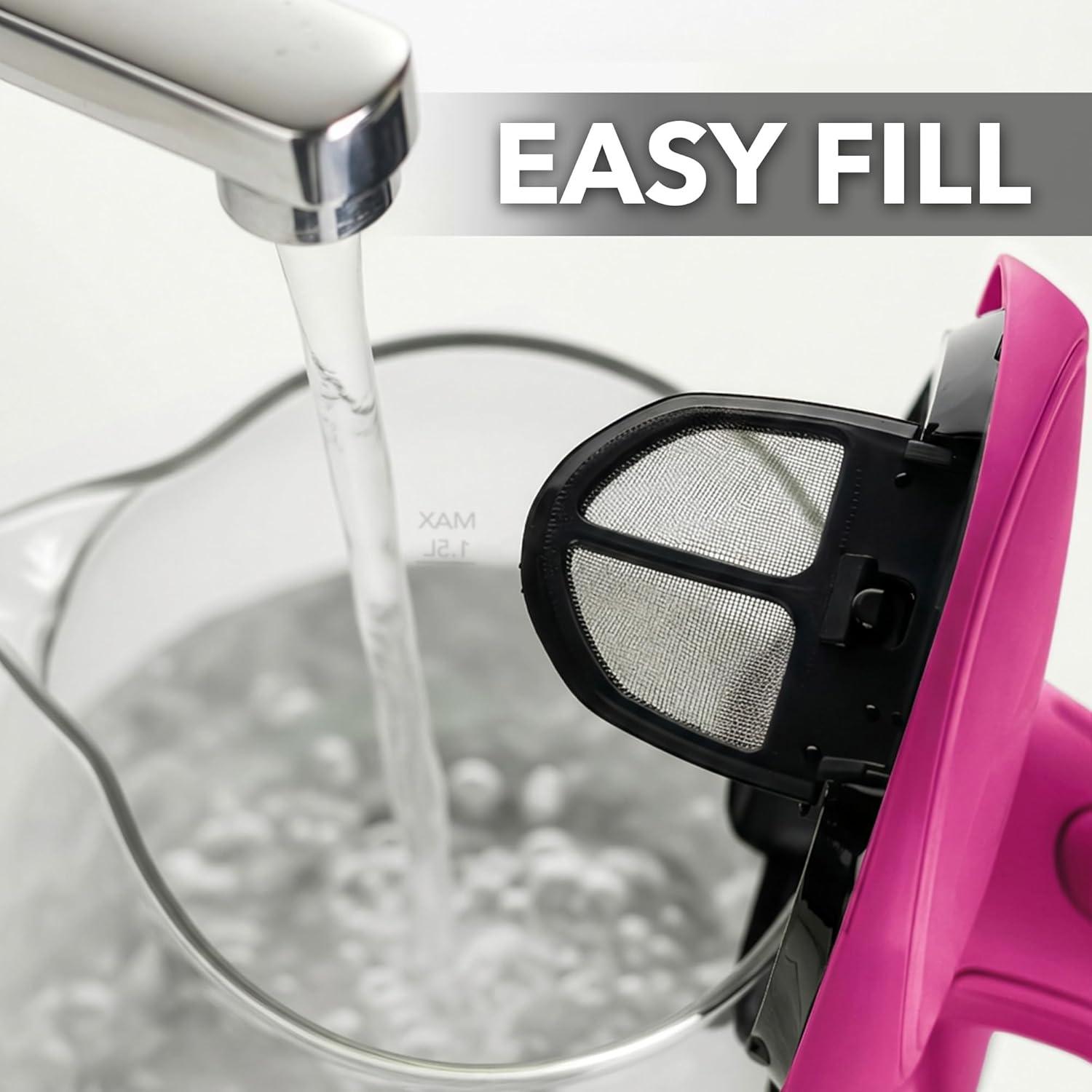 image:imageOVENTE Electric Kettle 15L Borosilicate Glass Countertop Water Heater and Boiler for Coffee or Tea BPAFree Auto ShutOff BoilDry Protection Removable and Washable Spout Filter Purple KG83PPink