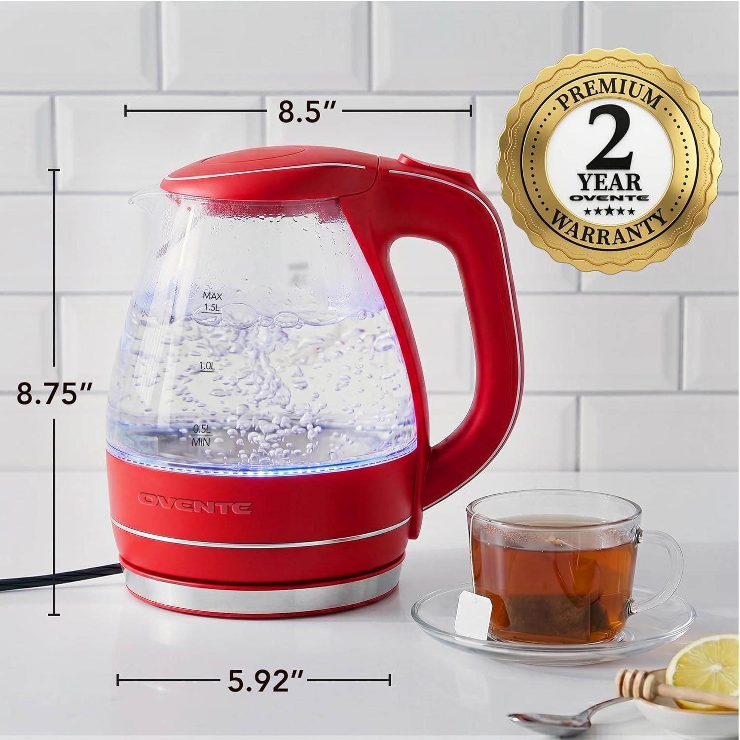 image:imageOVENTE Electric Kettle 15L Borosilicate Glass Countertop Water Heater and Boiler for Coffee or Tea BPAFree Auto ShutOff BoilDry Protection Removable and Washable Spout Filter Purple KG83PRed