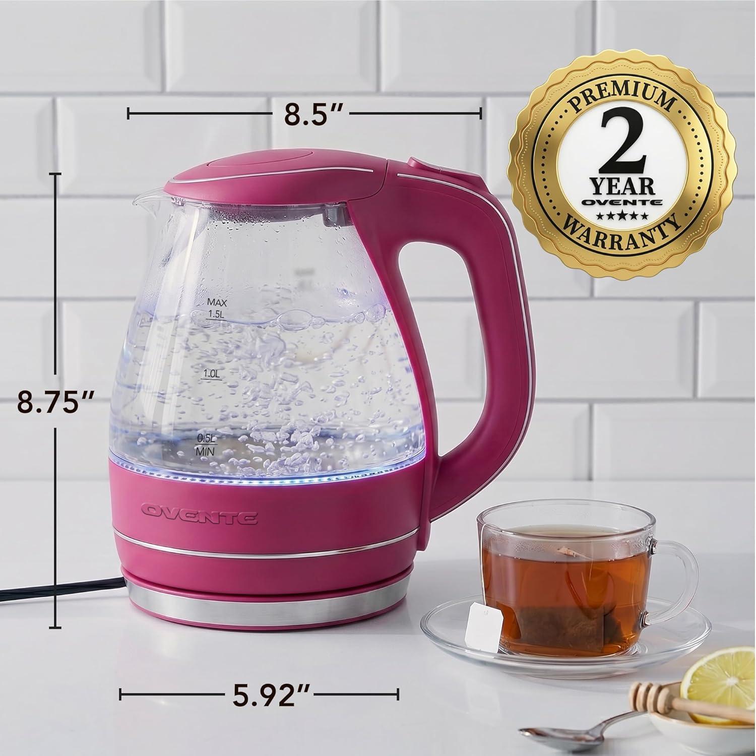 image:imageOVENTE Electric Kettle 15L Borosilicate Glass Countertop Water Heater and Boiler for Coffee or Tea BPAFree Auto ShutOff BoilDry Protection Removable and Washable Spout Filter Purple KG83PPink