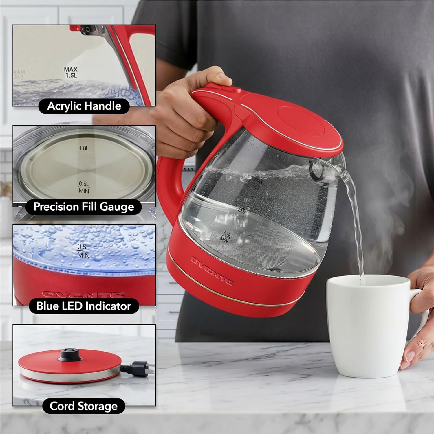 image:imageOVENTE Electric Kettle 15L Borosilicate Glass Countertop Water Heater and Boiler for Coffee or Tea BPAFree Auto ShutOff BoilDry Protection Removable and Washable Spout Filter Purple KG83PRed
