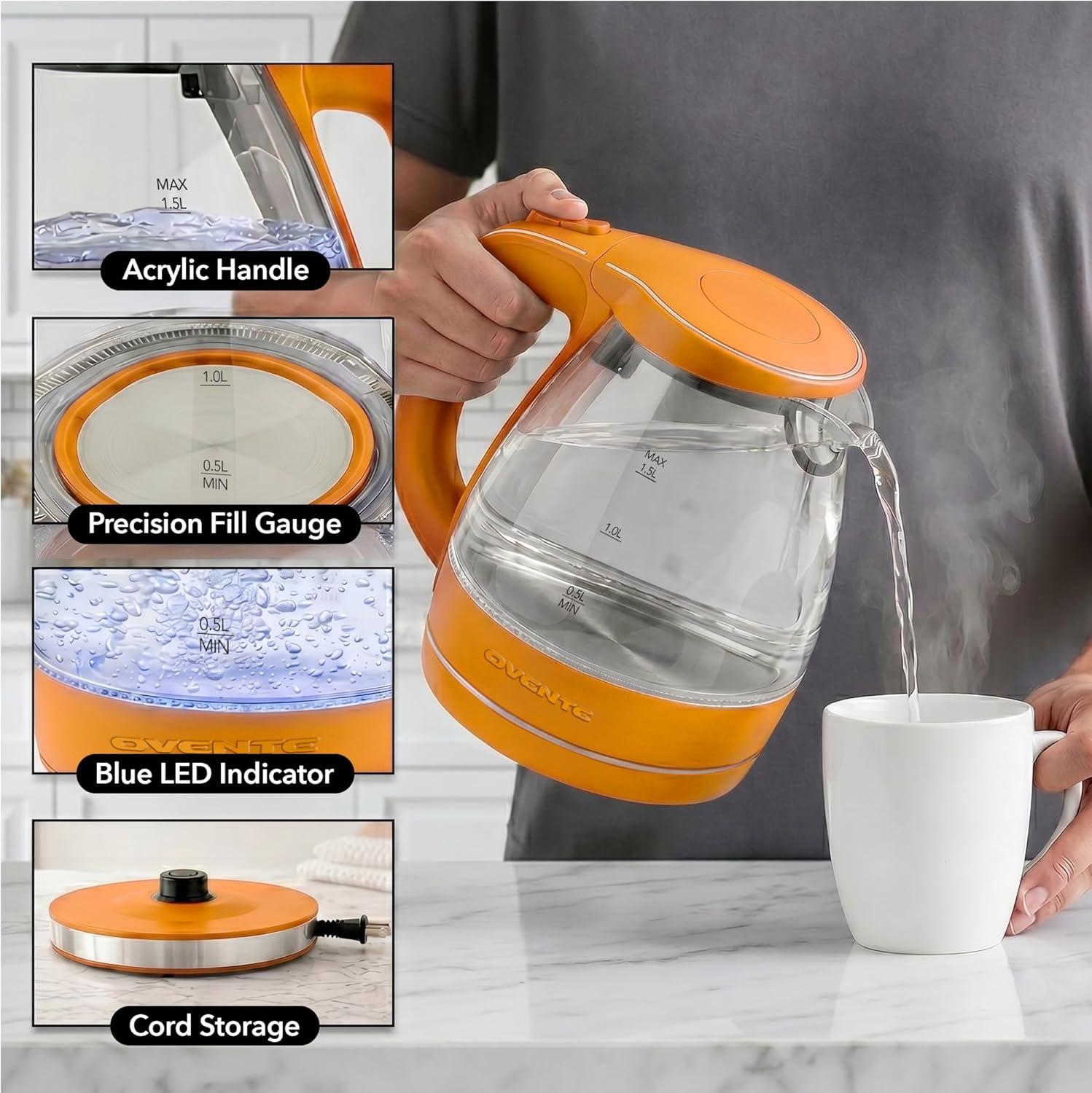 image:imageOVENTE Electric Kettle 15L Borosilicate Glass Countertop Water Heater and Boiler for Coffee or Tea BPAFree Auto ShutOff BoilDry Protection Removable and Washable Spout Filter Red KG83ROrange