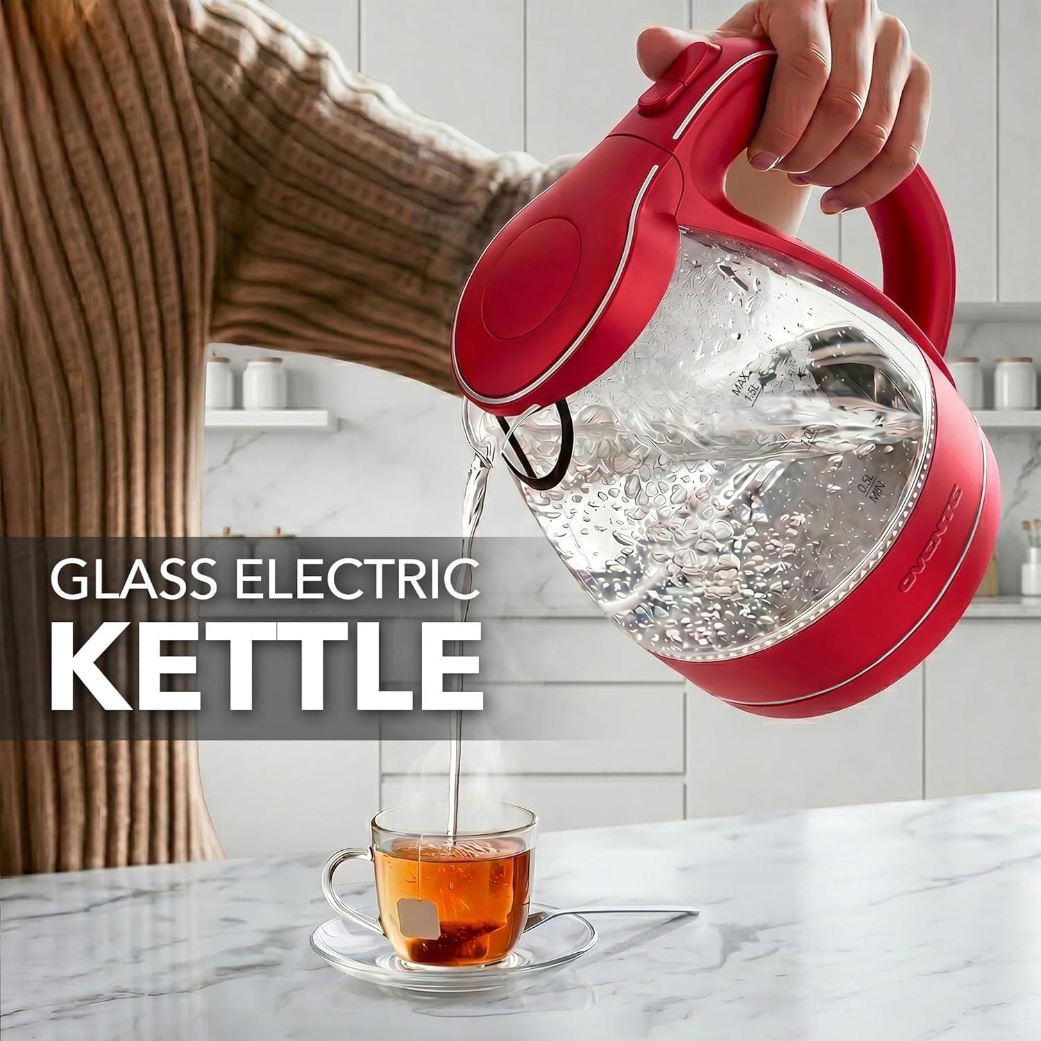 image:imageOVENTE Electric Kettle 15L Borosilicate Glass Countertop Water Heater and Boiler for Coffee or Tea BPAFree Auto ShutOff BoilDry Protection Removable and Washable Spout Filter Purple KG83PRed