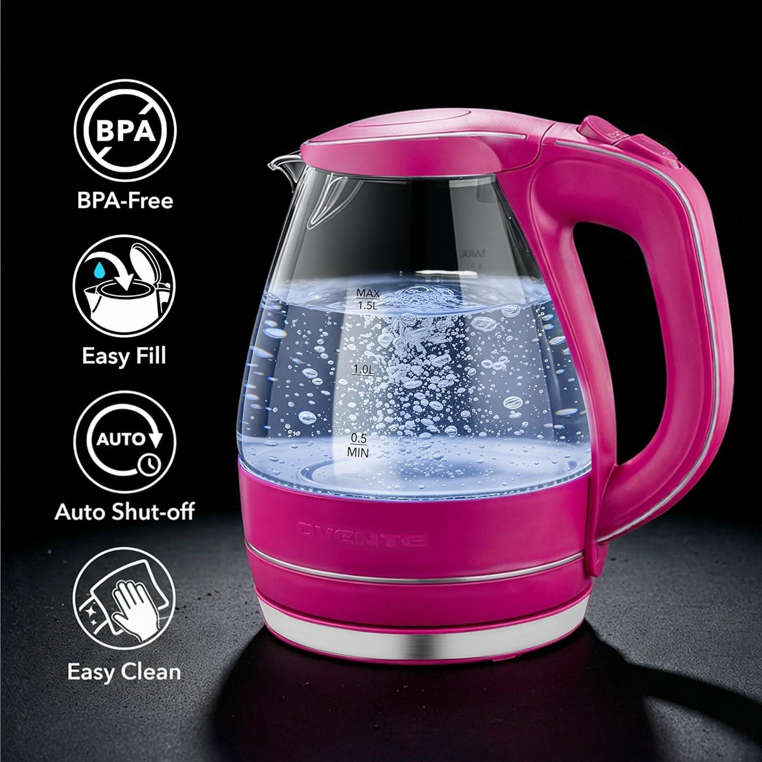 image:imageOVENTE Electric Kettle 15L Borosilicate Glass Countertop Water Heater and Boiler for Coffee or Tea BPAFree Auto ShutOff BoilDry Protection Removable and Washable Spout Filter Red KG83RPink