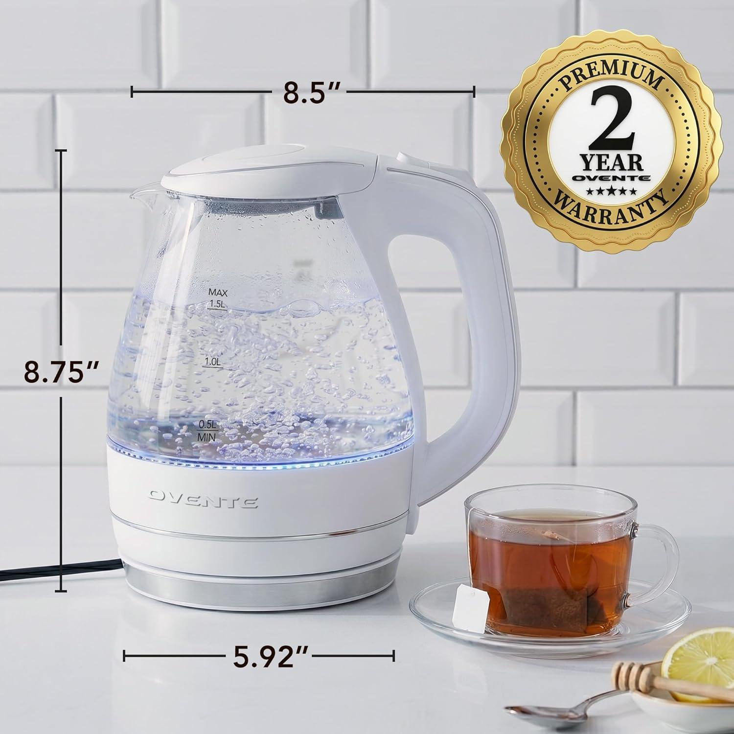 image:imageOVENTE Electric Kettle 15L Borosilicate Glass Countertop Water Heater and Boiler for Coffee or Tea BPAFree Auto ShutOff BoilDry Protection Removable and Washable Spout Filter Purple KG83PWhite
