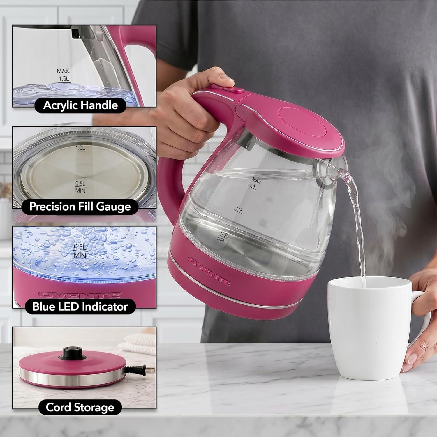 image:imageOVENTE Electric Kettle 15L Borosilicate Glass Countertop Water Heater and Boiler for Coffee or Tea BPAFree Auto ShutOff BoilDry Protection Removable and Washable Spout Filter Red KG83RPink