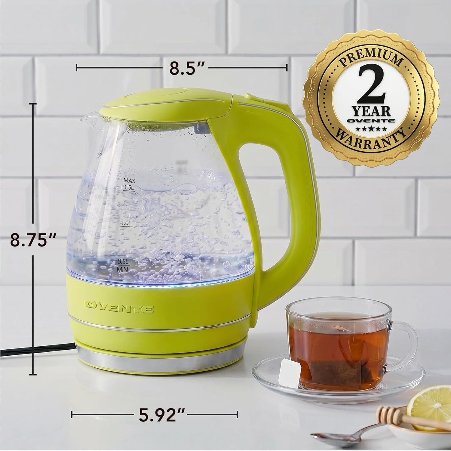 image:imageOVENTE Electric Kettle 15L Borosilicate Glass Countertop Water Heater and Boiler for Coffee or Tea BPAFree Auto ShutOff BoilDry Protection Removable and Washable Spout Filter Purple KG83PGreen