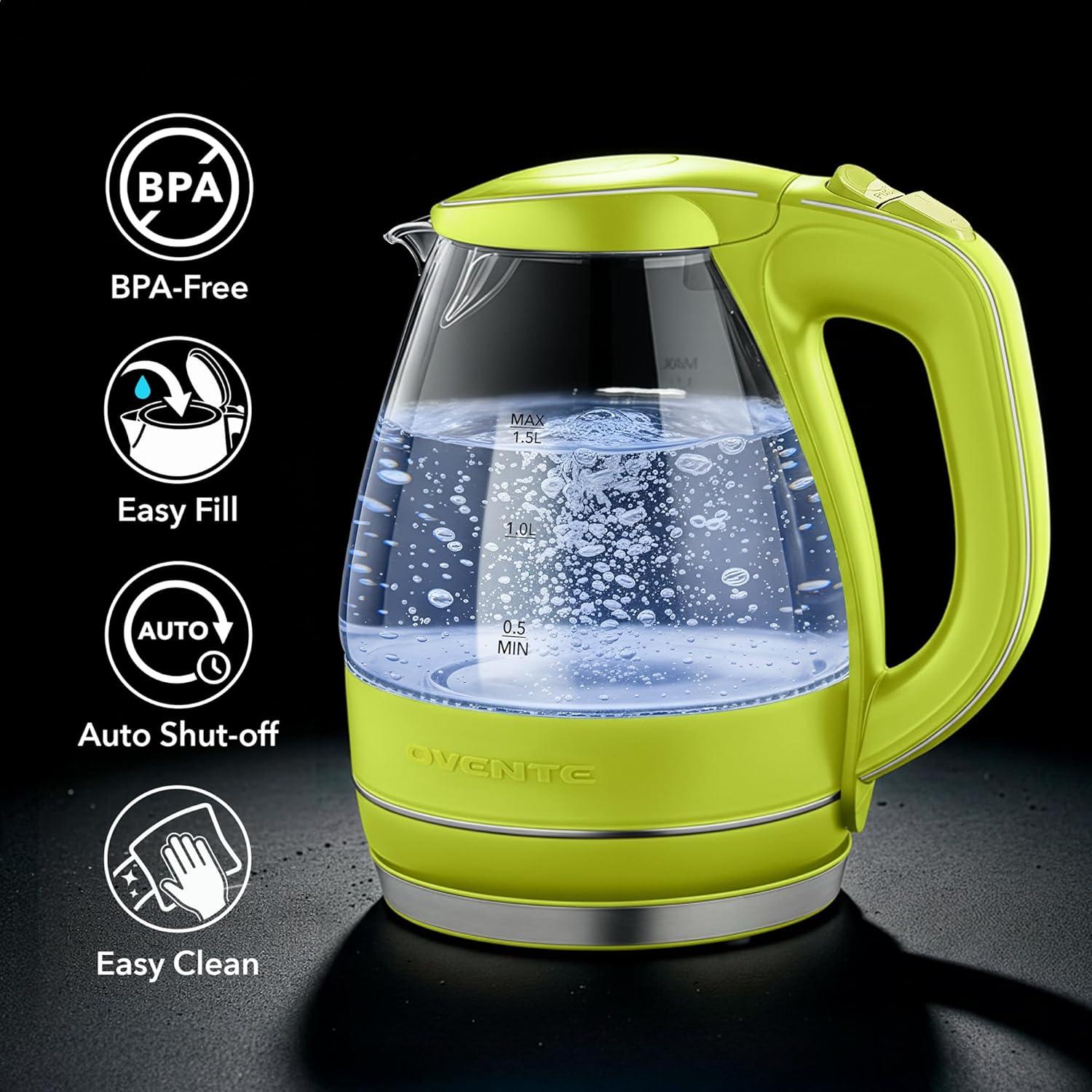 image:imageOVENTE Electric Kettle 15L Borosilicate Glass Countertop Water Heater and Boiler for Coffee or Tea BPAFree Auto ShutOff BoilDry Protection Removable and Washable Spout Filter Purple KG83PGreen