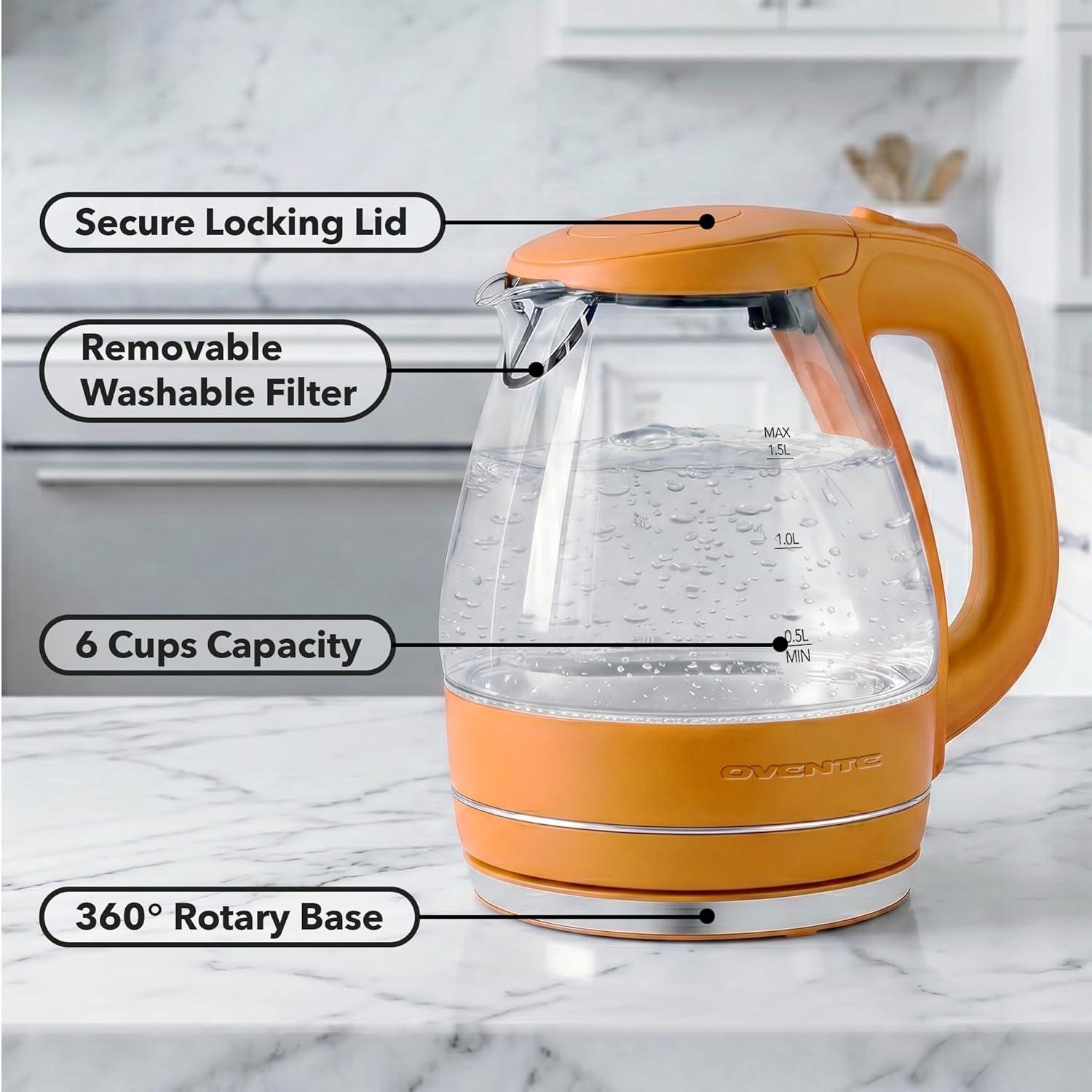 image:imageOVENTE Electric Kettle 15L Borosilicate Glass Countertop Water Heater and Boiler for Coffee or Tea BPAFree Auto ShutOff BoilDry Protection Removable and Washable Spout Filter Red KG83ROrange