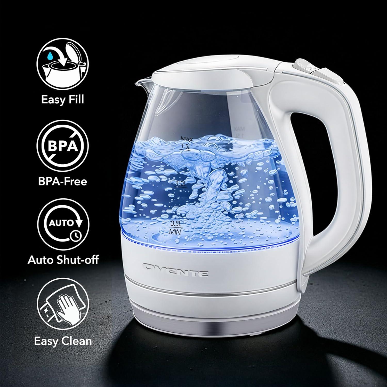 image:imageOVENTE Electric Kettle 15L Borosilicate Glass Countertop Water Heater and Boiler for Coffee or Tea BPAFree Auto ShutOff BoilDry Protection Removable and Washable Spout Filter Purple KG83PWhite