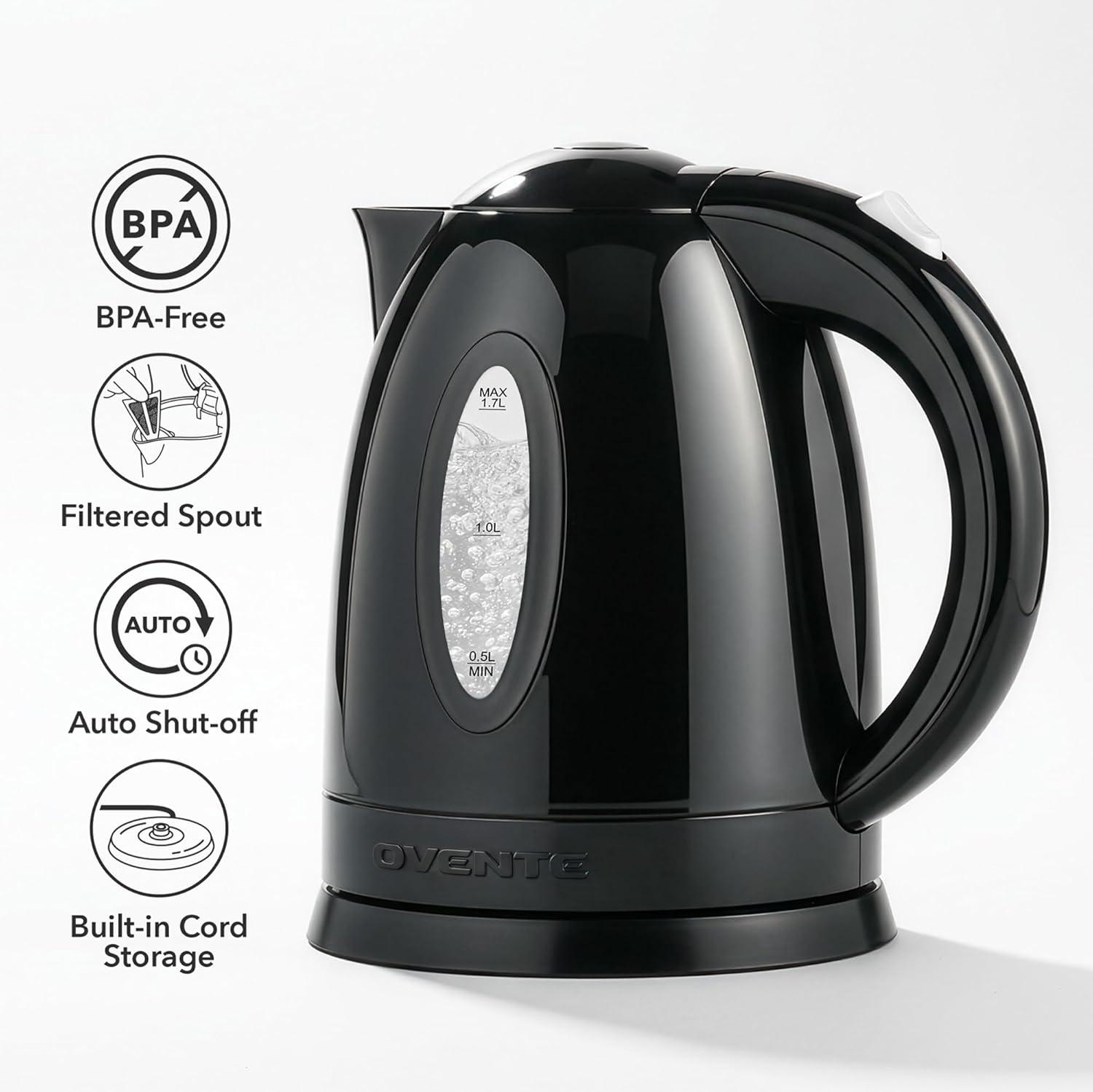 image:imageOVENTE Electric Kettle 17L Fast Boiling Water Heater for Coffee or Tea BPA Free with Water Level Gauge Auto ShutOff BoilDry Protection Indicator Light and Removable Filter Black KP72BBlack