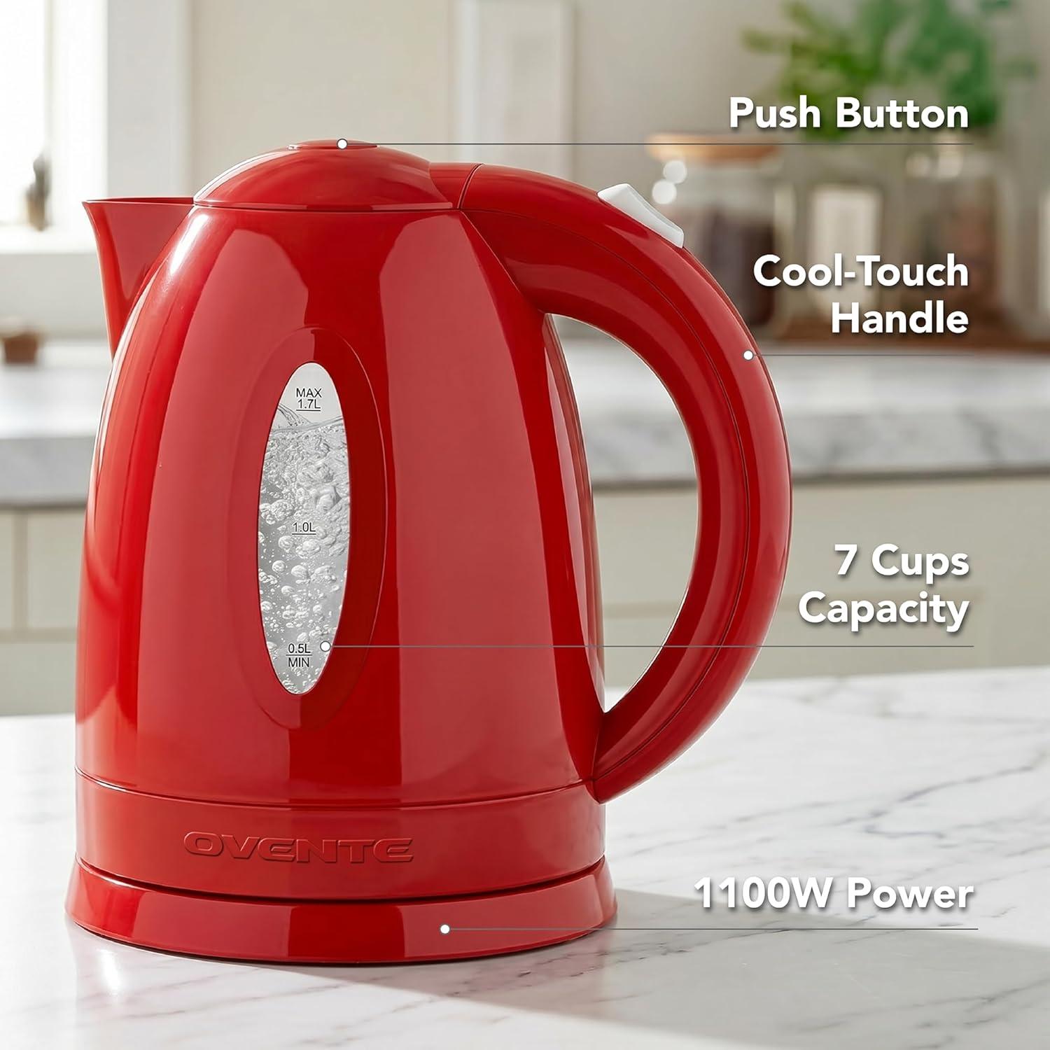 image:imageOVENTE Electric Kettle 17L Fast Boiling Water Heater for Coffee or Tea BPA Free with Water Level Gauge Auto ShutOff BoilDry Protection Indicator Light and Removable Filter Black KP72BRed