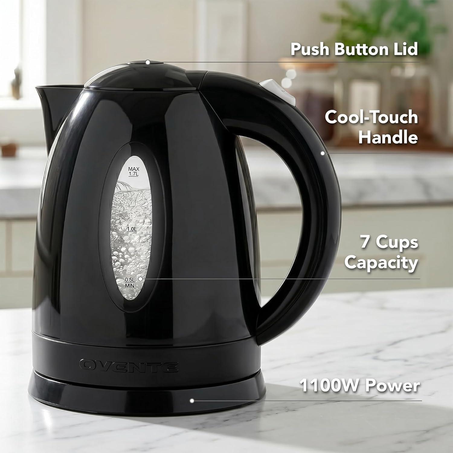 image:imageOVENTE Electric Kettle 17L Fast Boiling Water Heater for Coffee or Tea BPA Free with Water Level Gauge Auto ShutOff BoilDry Protection Indicator Light and Removable Filter Black KP72BBlack