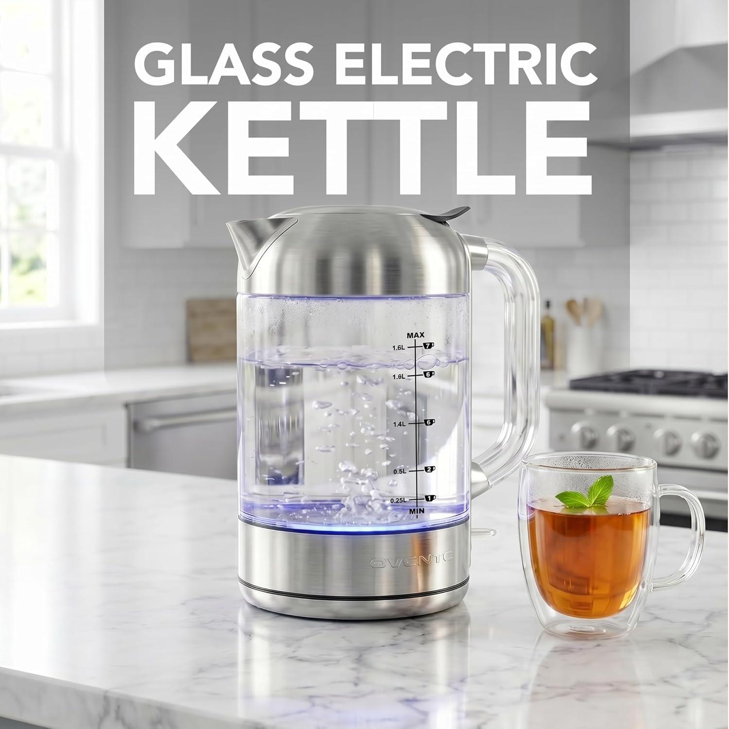 image:imageOVENTE Electric Kettle with 17L Borosilicate Glass 1500W Instant Water Boiler and Heater for Coffee or Tea BPA Free Easy to Fill Lid Auto ShutOff and Boil Dry Protection Silver KG612SSilver 18L KG921S