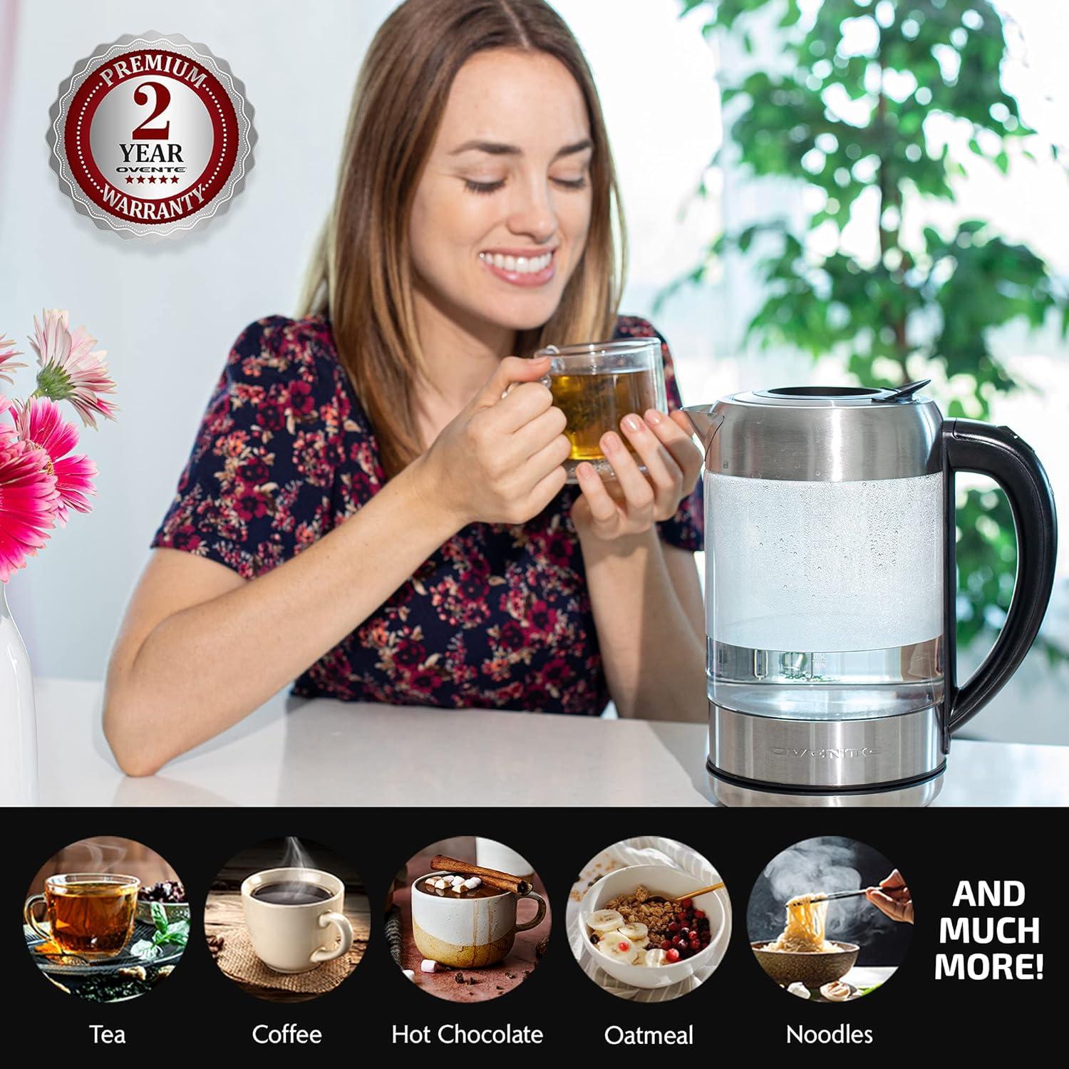 image:imageOVENTE Electric Kettle with 17L Borosilicate Glass 1500W Instant Water Boiler and Heater for Coffee or Tea BPA Free Easy to Fill Lid Auto ShutOff and Boil Dry Protection Silver KG612SSilver