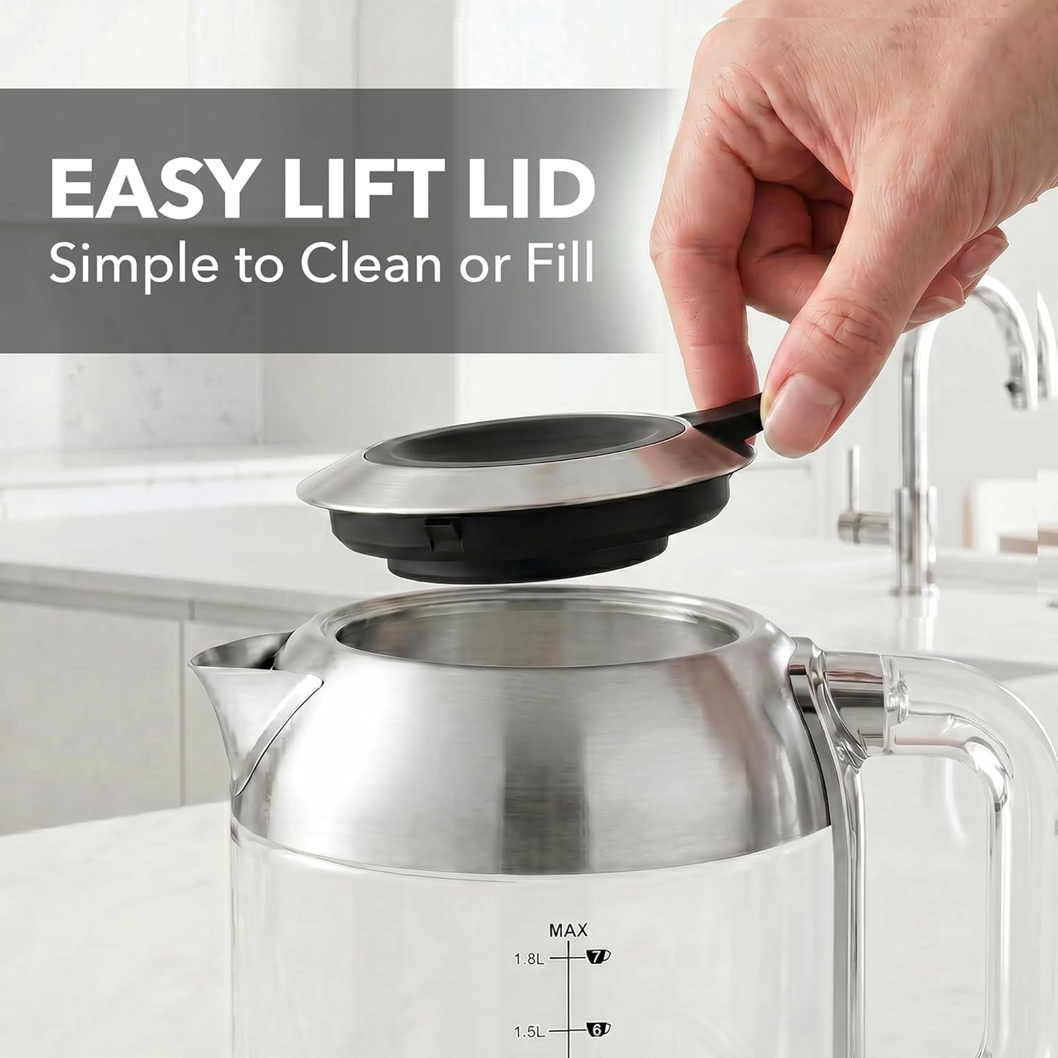 image:imageOVENTE Electric Kettle with 17L Borosilicate Glass 1500W Instant Water Boiler and Heater for Coffee or Tea BPA Free Easy to Fill Lid Auto ShutOff and Boil Dry Protection Silver KG612SSilver 18L KG921S