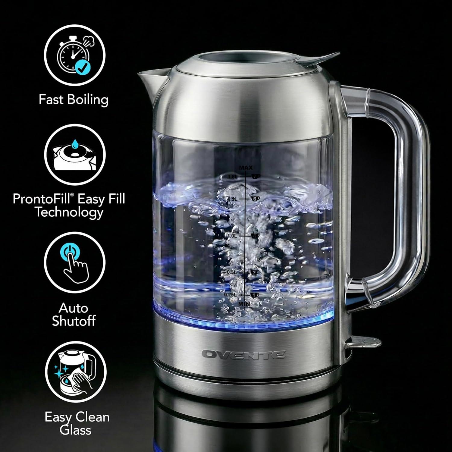 image:imageOVENTE Electric Kettle with 17L Borosilicate Glass 1500W Instant Water Boiler and Heater for Coffee or Tea BPA Free Easy to Fill Lid Auto ShutOff and Boil Dry Protection Silver KG612SSilver 18L KG921S