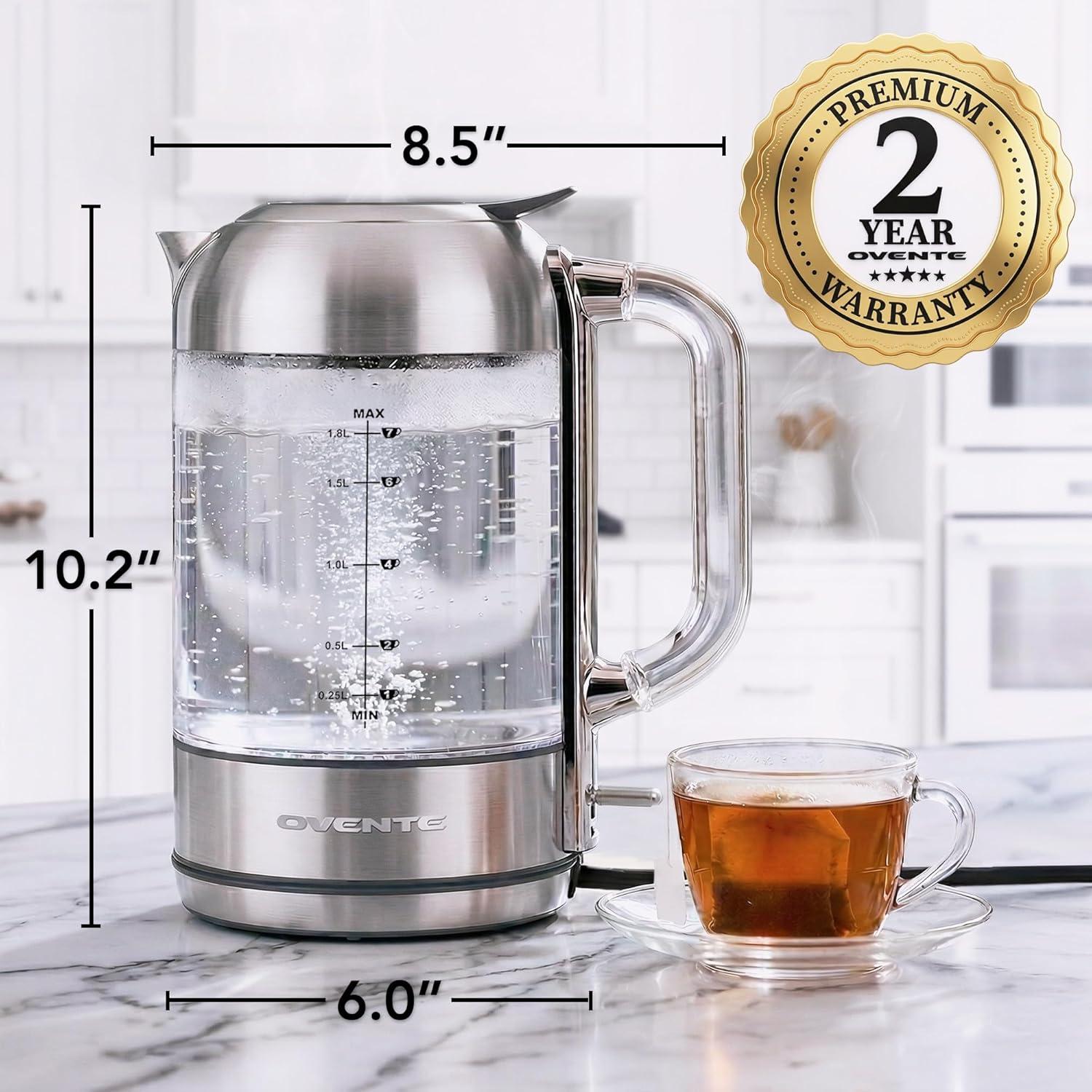 image:imageOVENTE Electric Kettle with 17L Borosilicate Glass 1500W Instant Water Boiler and Heater for Coffee or Tea BPA Free Easy to Fill Lid Auto ShutOff and Boil Dry Protection Silver KG612SSilver 18L KG921S