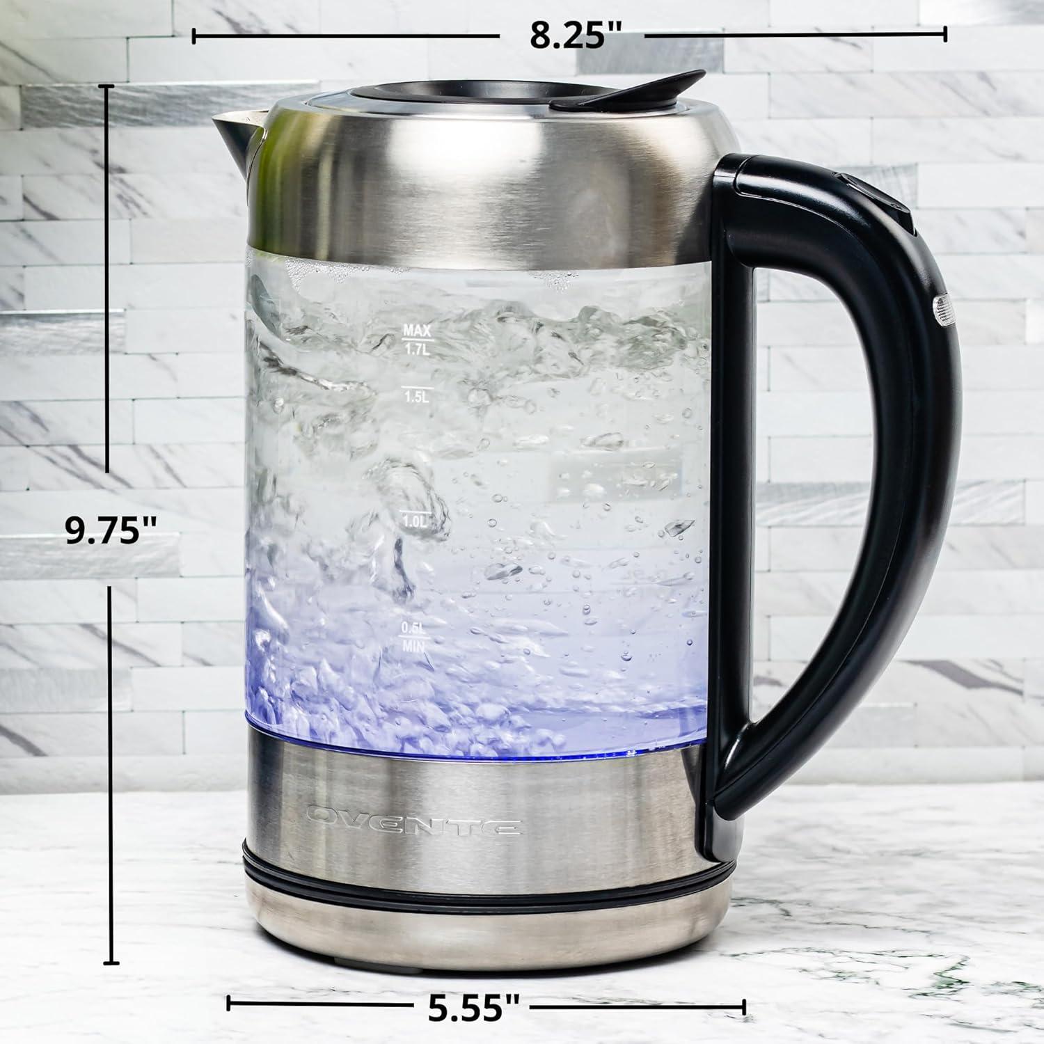 image:imageOVENTE Electric Kettle with 17L Borosilicate Glass 1500W Instant Water Boiler and Heater for Coffee or Tea BPA Free Easy to Fill Lid Auto ShutOff and Boil Dry Protection Silver KG612SSilver