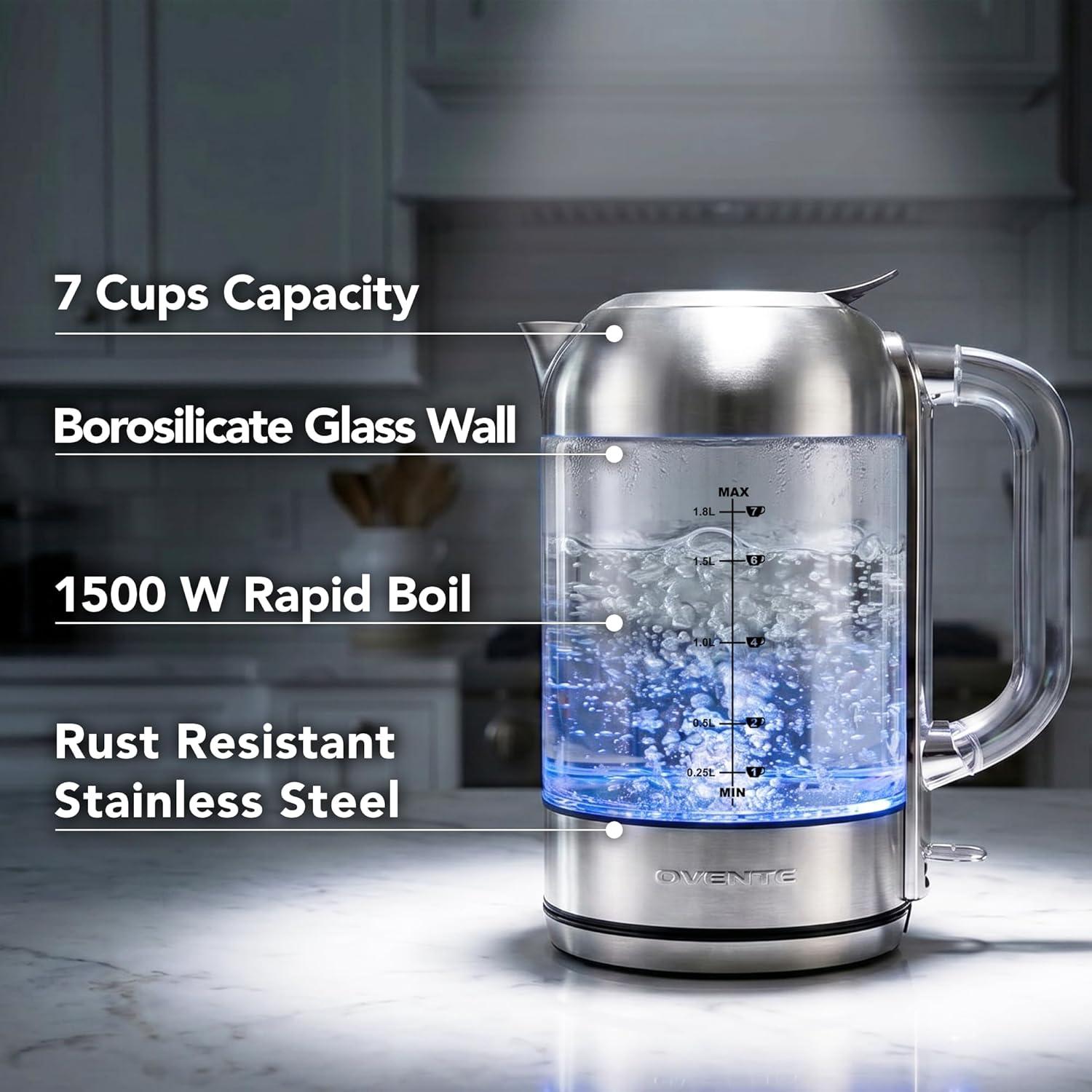 image:imageOVENTE Electric Kettle with 17L Borosilicate Glass 1500W Instant Water Boiler and Heater for Coffee or Tea BPA Free Easy to Fill Lid Auto ShutOff and Boil Dry Protection Silver KG612SSilver 18L KG921S