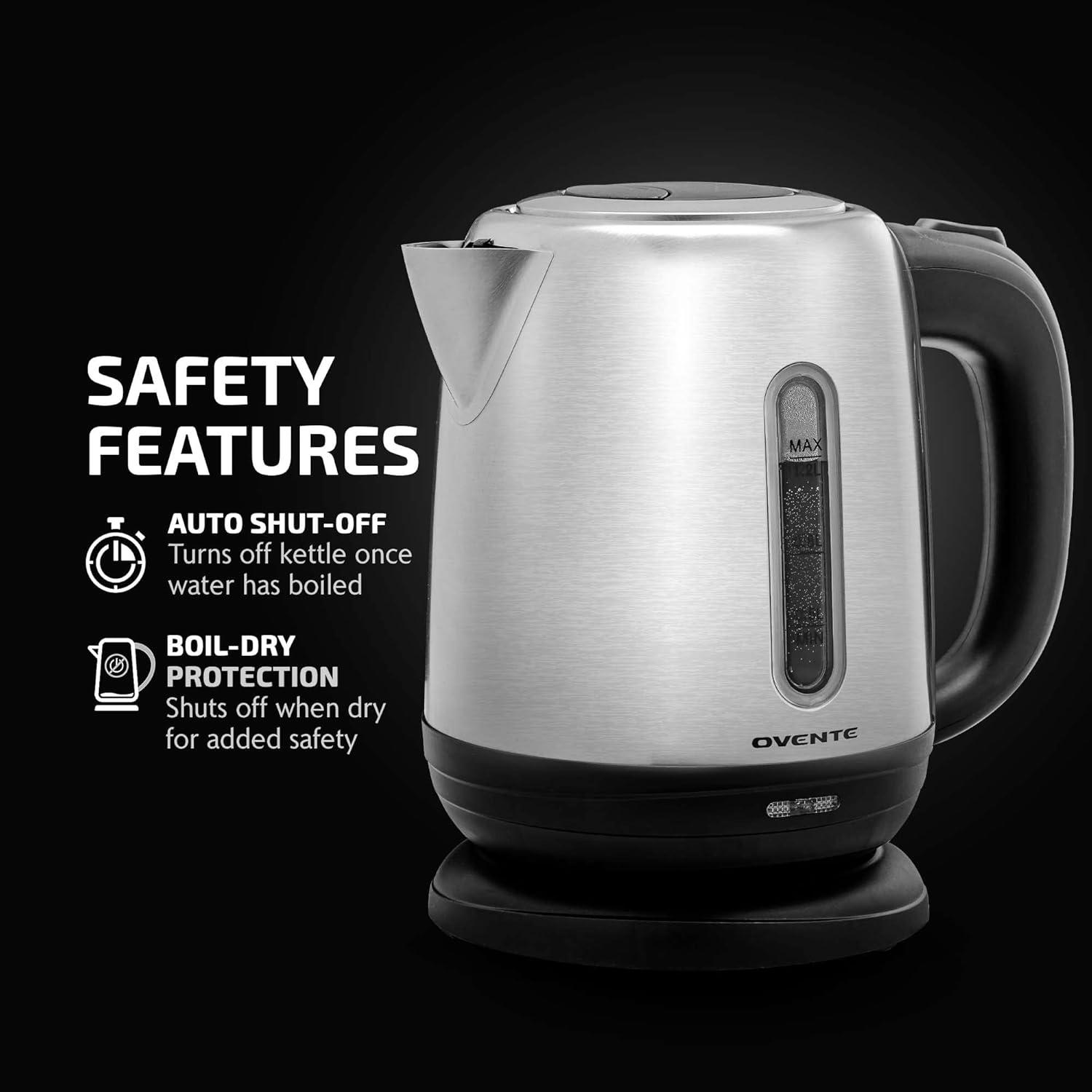 image:imageOVENTE Electric Tea Kettle Stainless Steel 12 Liter Portable Instant Water Boiler Heater 1100W Power Fast Boiling with Cordless Body and Automatic Shut Off for Coffee Milk Chocolate Silver KS22S
