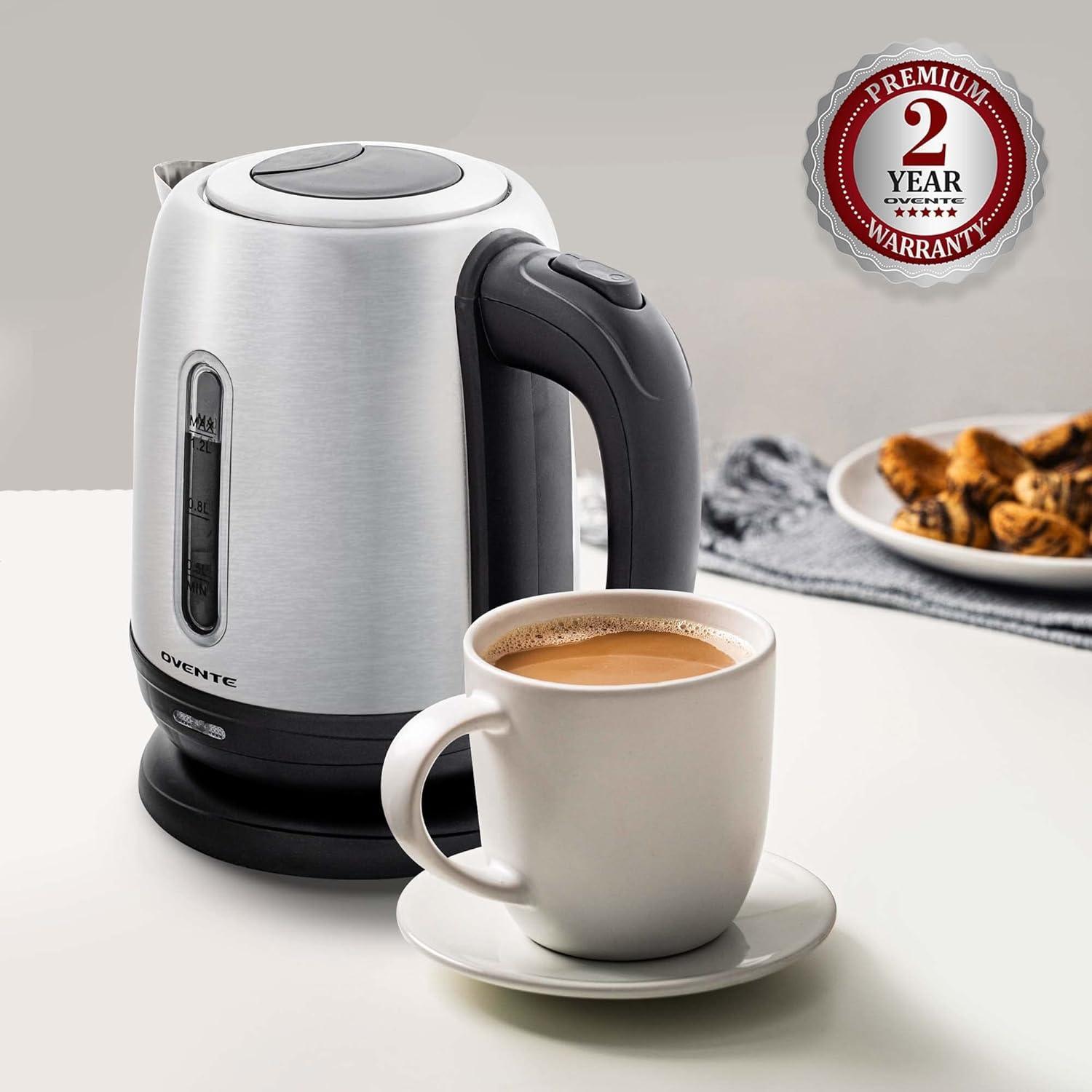image:imageOVENTE Electric Tea Kettle Stainless Steel 12 Liter Portable Instant Water Boiler Heater 1100W Power Fast Boiling with Cordless Body and Automatic Shut Off for Coffee Milk Chocolate Silver KS22S