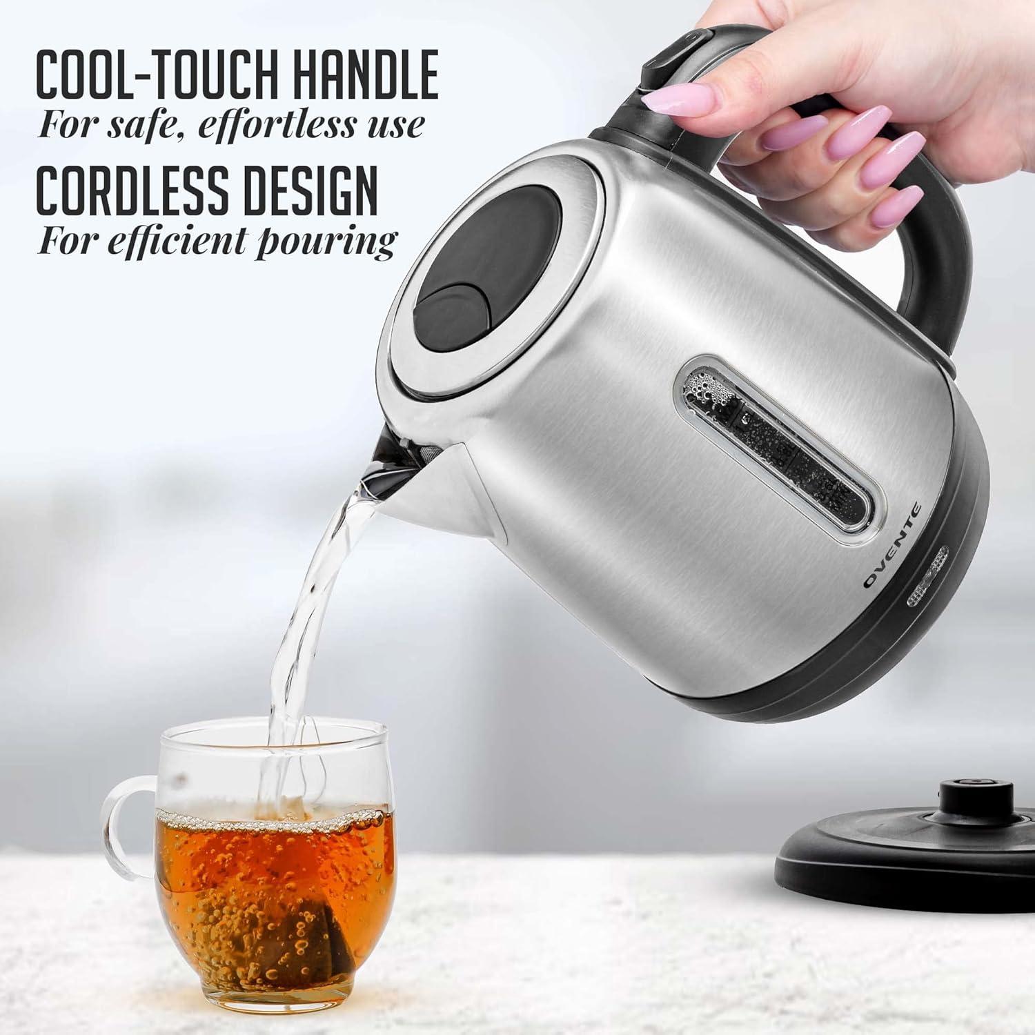 image:imageOVENTE Electric Tea Kettle Stainless Steel 12 Liter Portable Instant Water Boiler Heater 1100W Power Fast Boiling with Cordless Body and Automatic Shut Off for Coffee Milk Chocolate Silver KS22S