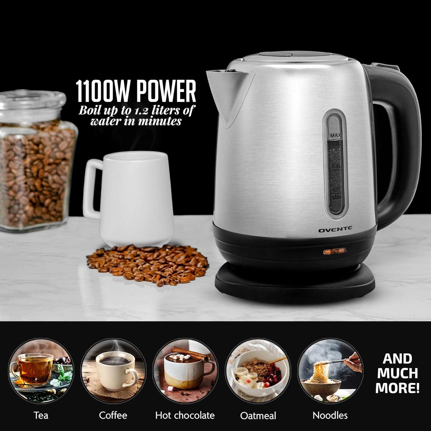 image:imageOVENTE Electric Tea Kettle Stainless Steel 12 Liter Portable Instant Water Boiler Heater 1100W Power Fast Boiling with Cordless Body and Automatic Shut Off for Coffee Milk Chocolate Silver KS22S
