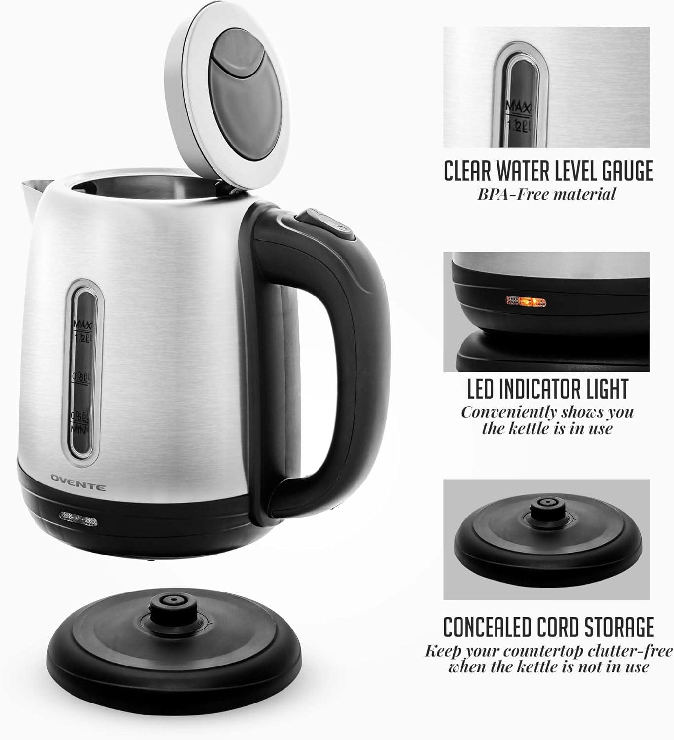 image:imageOVENTE Electric Tea Kettle Stainless Steel 12 Liter Portable Instant Water Boiler Heater 1100W Power Fast Boiling with Cordless Body and Automatic Shut Off for Coffee Milk Chocolate Silver KS22S
