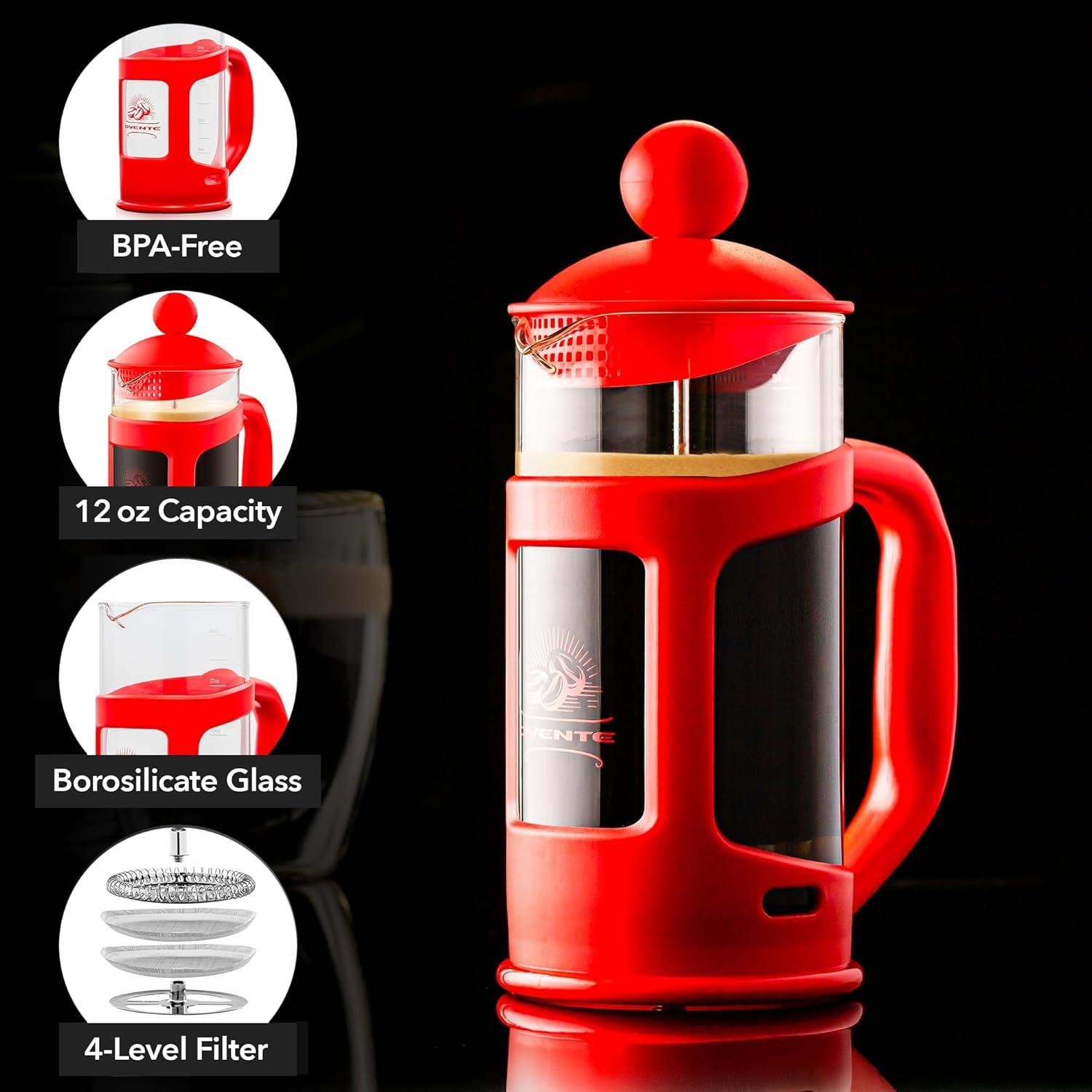 image:imageOVENTE French Press Coffee Maker 34 Ounce with Heat Resistant Borosilicate Glass amp Stainless Steel 4Level Filtration System Portable Cold Brew Coffee Maker for Travel Camping or Gift Black FPT34BRed