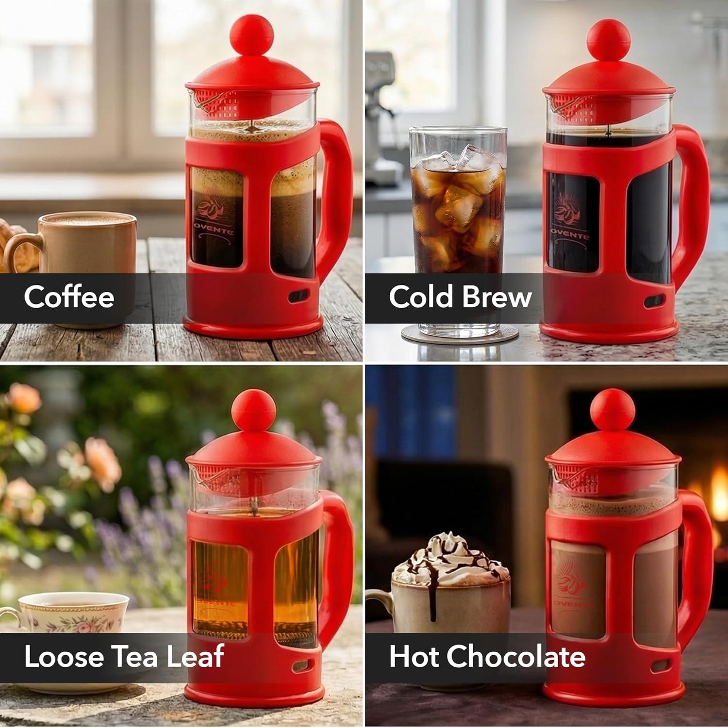 image:imageOVENTE French Press Coffee Maker 34 Ounce with Heat Resistant Borosilicate Glass amp Stainless Steel 4Level Filtration System Portable Cold Brew Coffee Maker for Travel Camping or Gift Black FPT34BRed