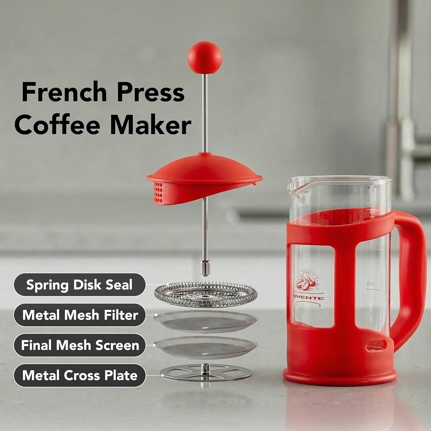 image:imageOVENTE French Press Coffee Maker 34 Ounce with Heat Resistant Borosilicate Glass amp Stainless Steel 4Level Filtration System Portable Cold Brew Coffee Maker for Travel Camping or Gift Black FPT34BRed