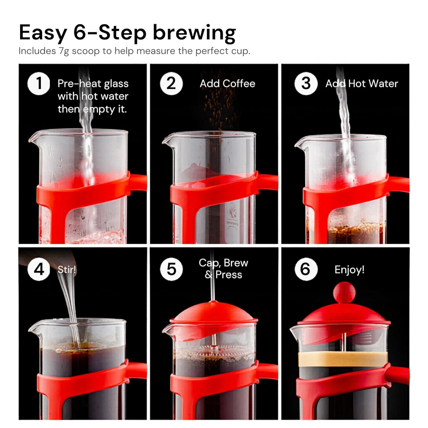 image:imageOVENTE French Press Coffee Maker 34 Ounce with Heat Resistant Borosilicate Glass amp Stainless Steel 4Level Filtration System Portable Cold Brew Coffee Maker for Travel Camping or Gift Black FPT34BRed