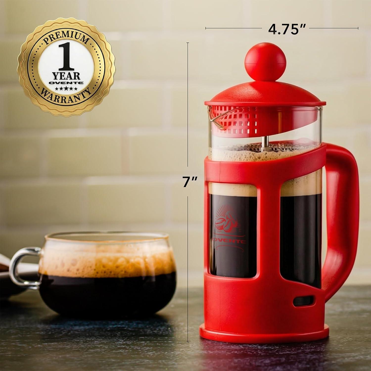 image:imageOVENTE French Press Coffee Maker 34 Ounce with Heat Resistant Borosilicate Glass amp Stainless Steel 4Level Filtration System Portable Cold Brew Coffee Maker for Travel Camping or Gift Black FPT34BRed