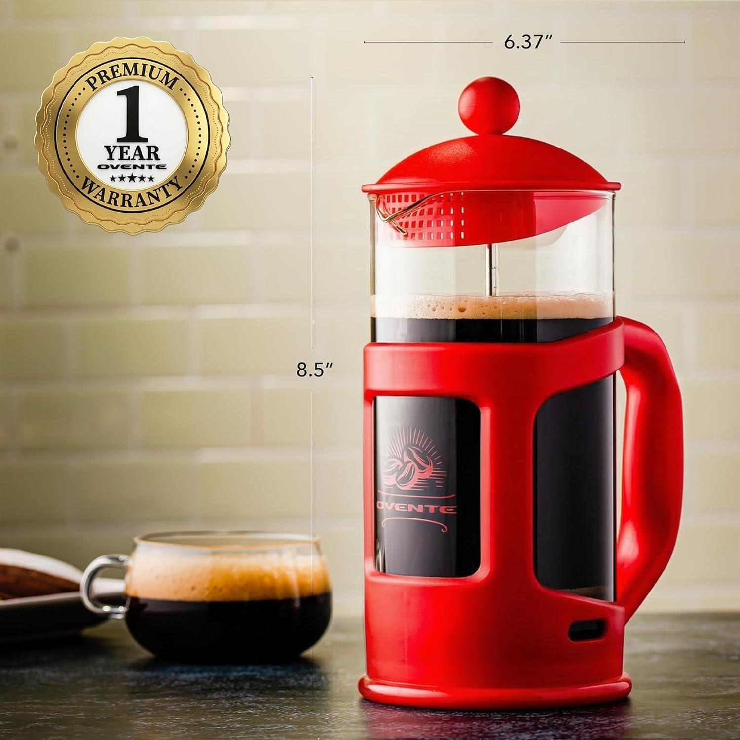 image:imageOVENTE French Press Coffee Maker 34 Ounce with Heat Resistant Borosilicate Glass amp Stainless Steel 4Level Filtration System Portable Cold Brew Coffee Maker for Travel Camping or Gift Black FPT34BRed