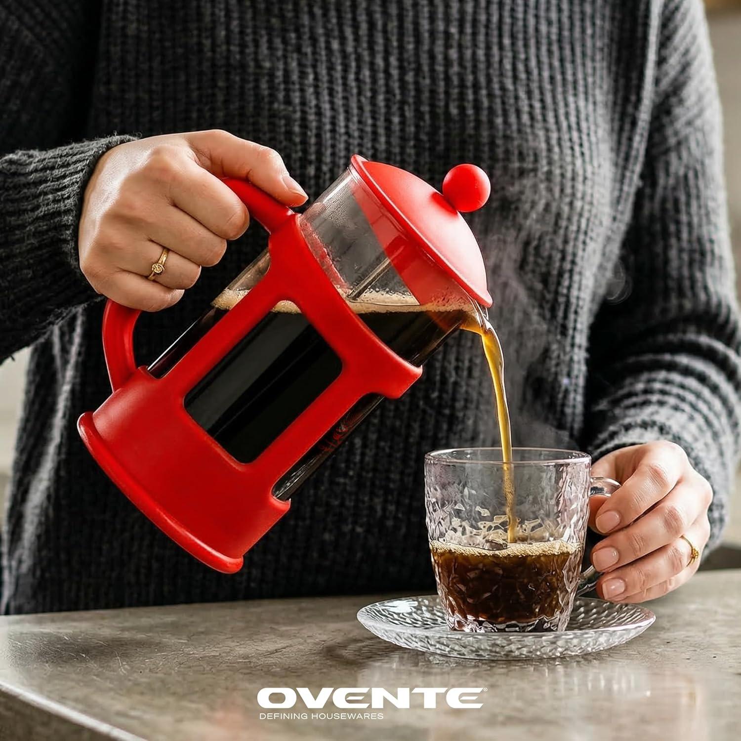 image:imageOVENTE French Press Coffee Maker 34 Ounce with Heat Resistant Borosilicate Glass amp Stainless Steel 4Level Filtration System Portable Cold Brew Coffee Maker for Travel Camping or Gift Black FPT34BRed
