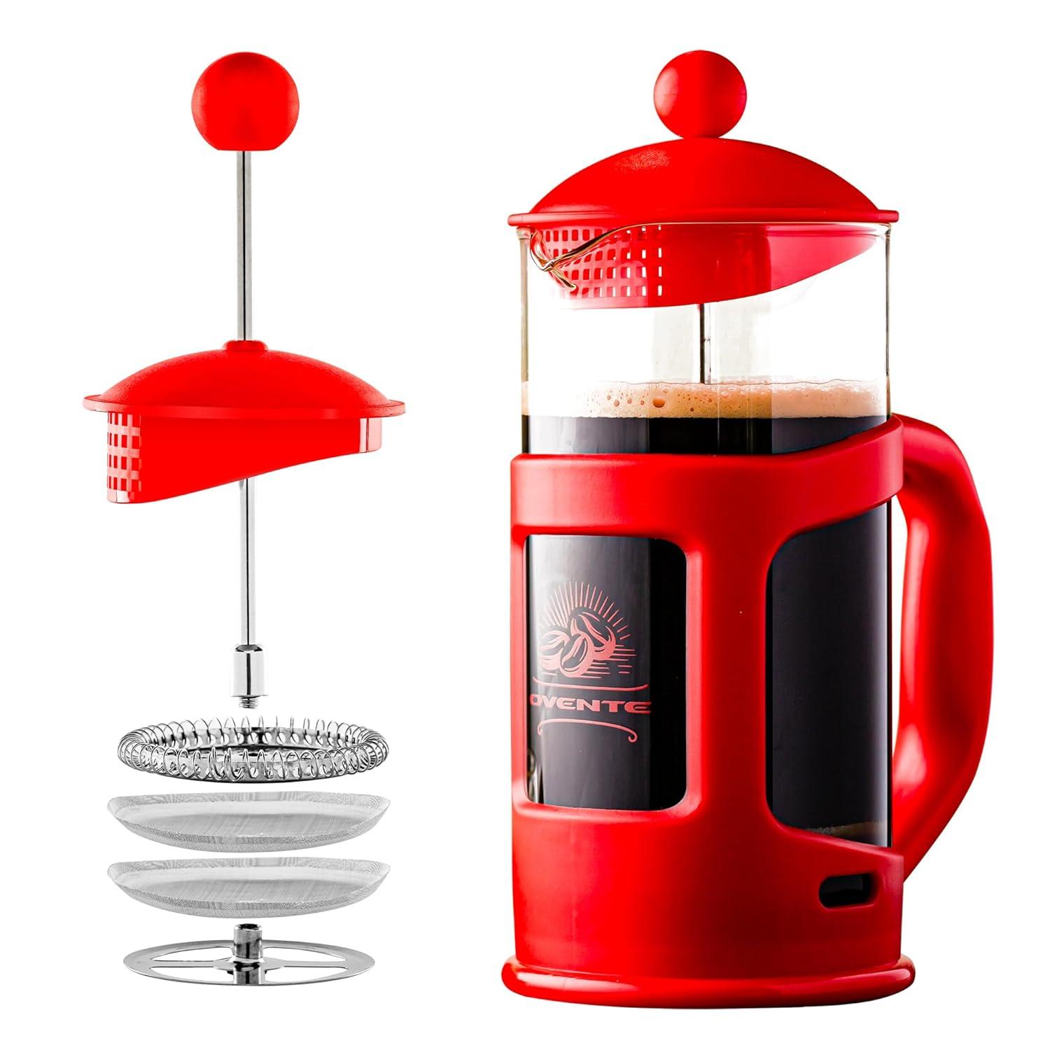 image:imageOVENTE French Press Coffee Maker 34 Ounce with Heat Resistant Borosilicate Glass amp Stainless Steel 4Level Filtration System Portable Cold Brew Coffee Maker for Travel Camping or Gift Black FPT34BRed